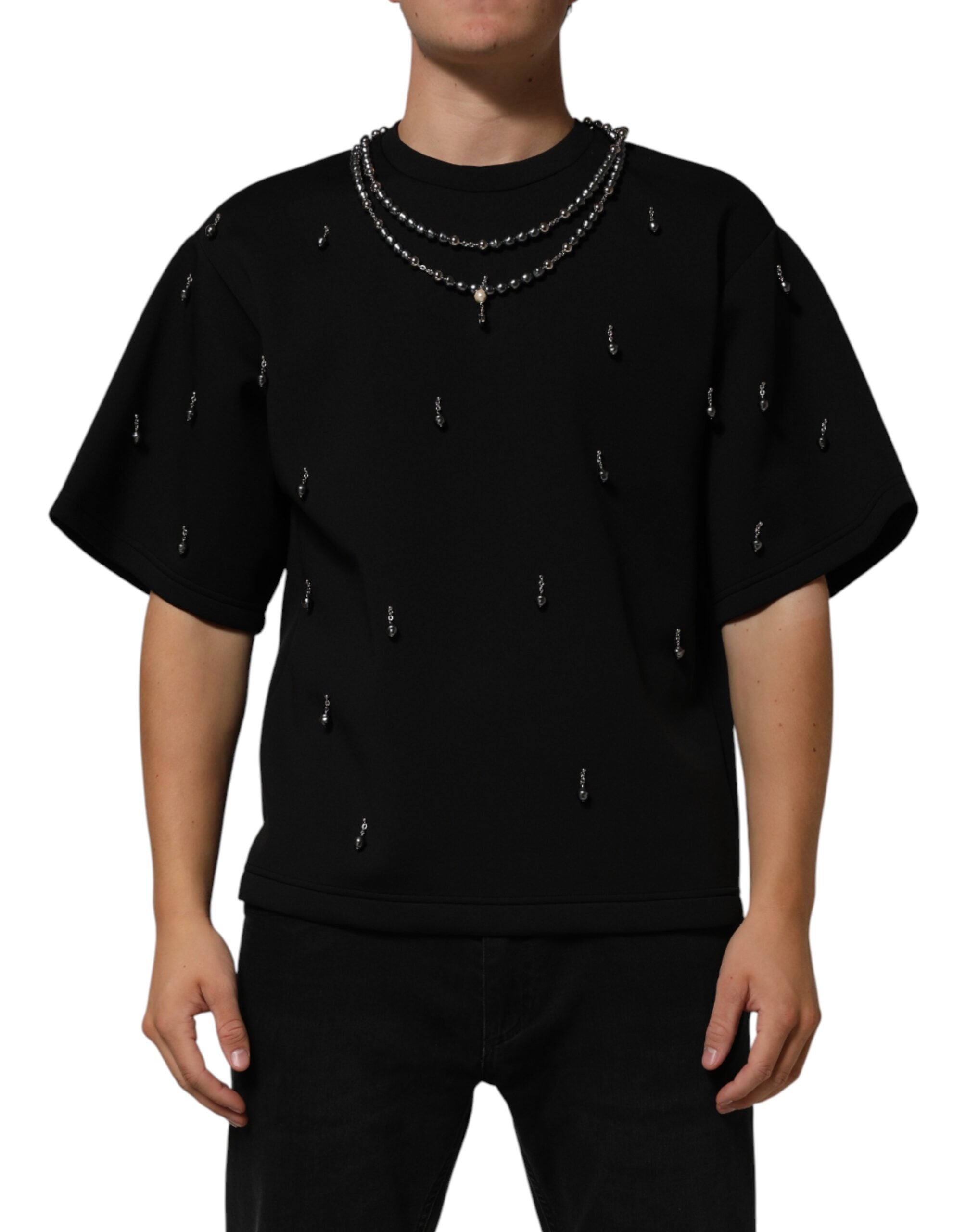 Dolce & Gabbana Black Polyester T-Shirt with Embellished Collar