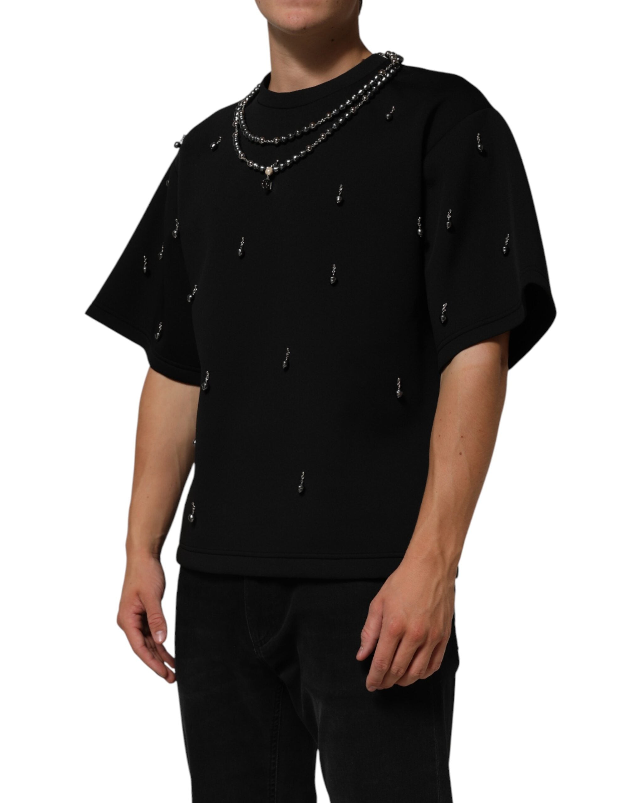 Dolce & Gabbana Black Polyester T-Shirt with Embellished Collar