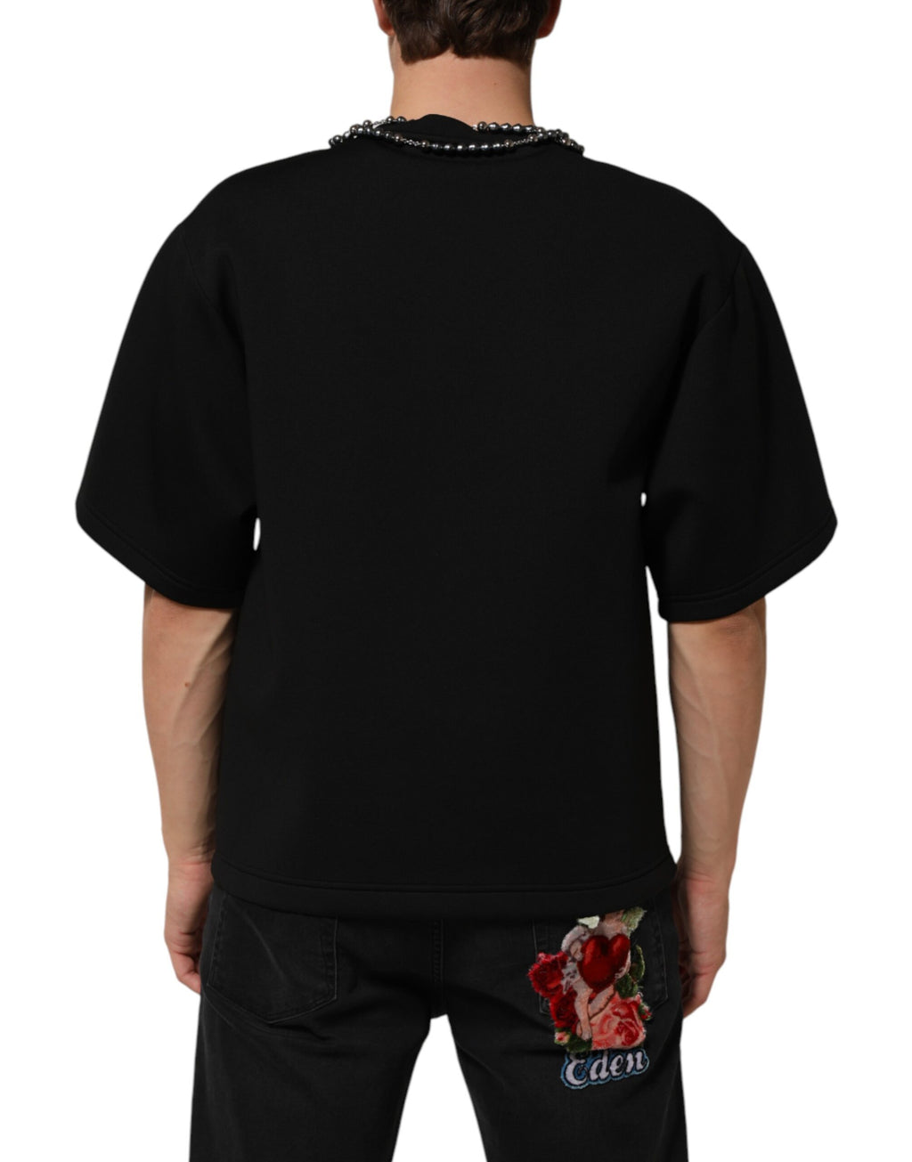 Dolce & Gabbana Black Polyester T-Shirt with Embellished Collar