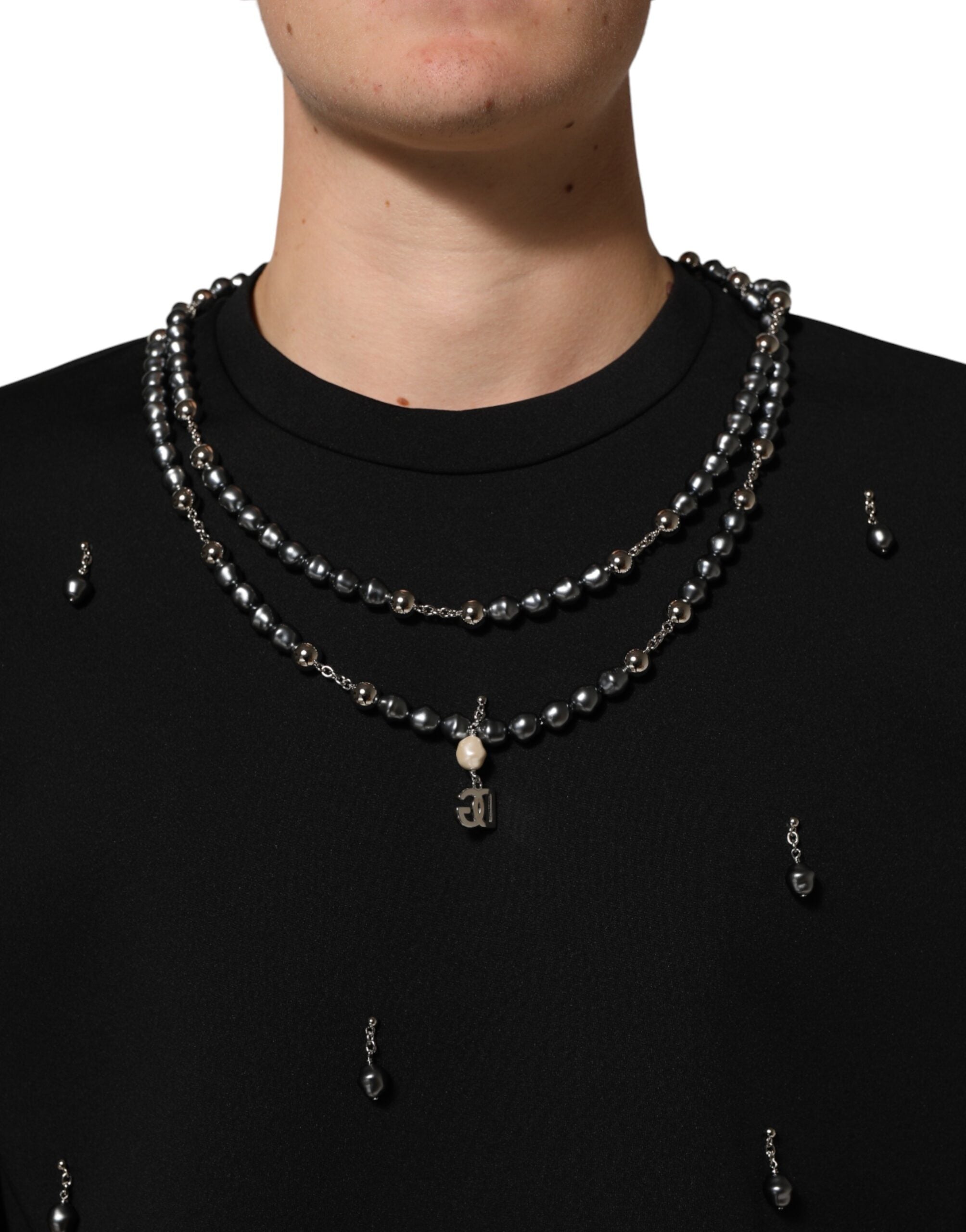 Dolce & Gabbana Black Polyester T-Shirt with Embellished Collar