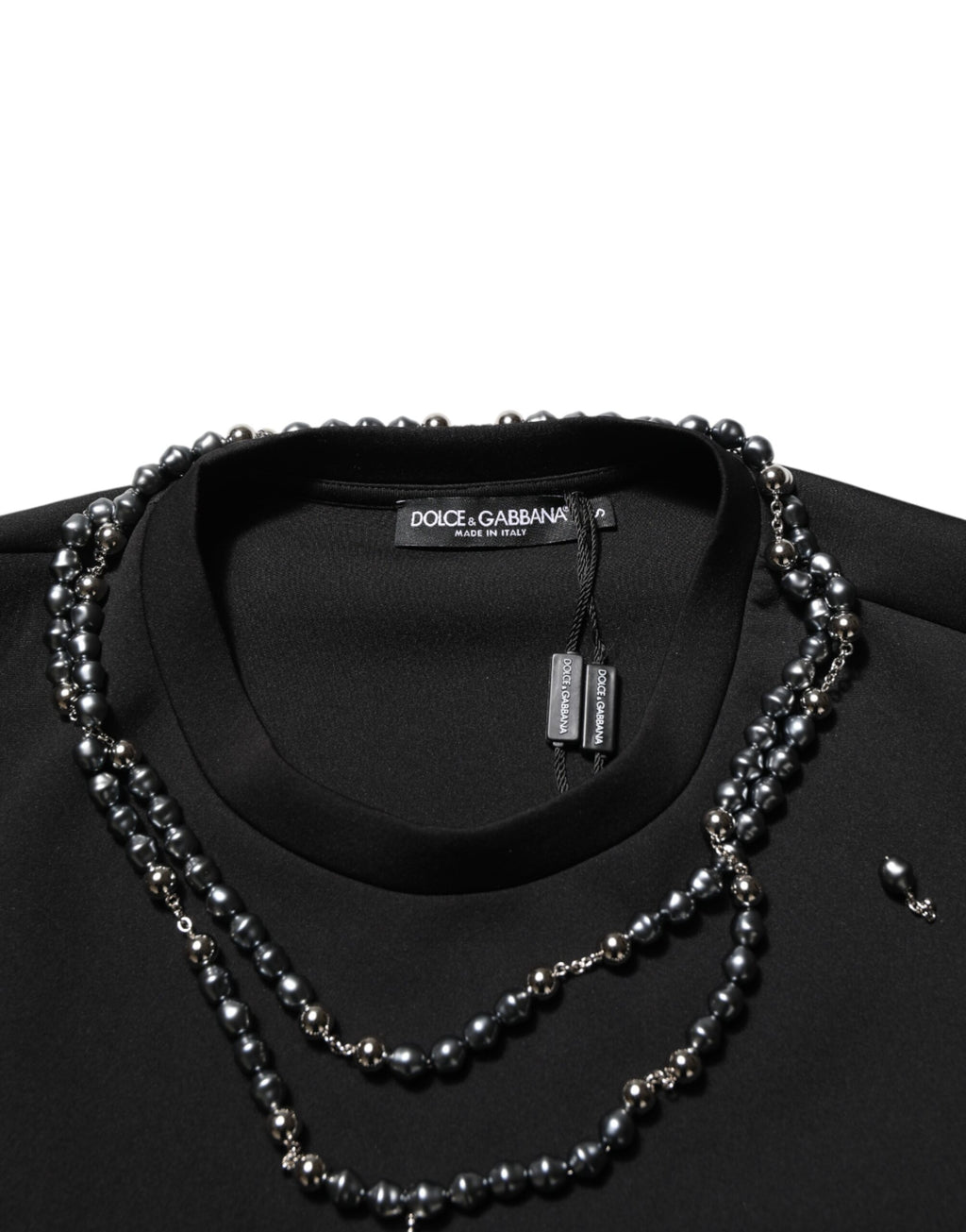 Dolce & Gabbana Black Polyester T-Shirt with Embellished Collar