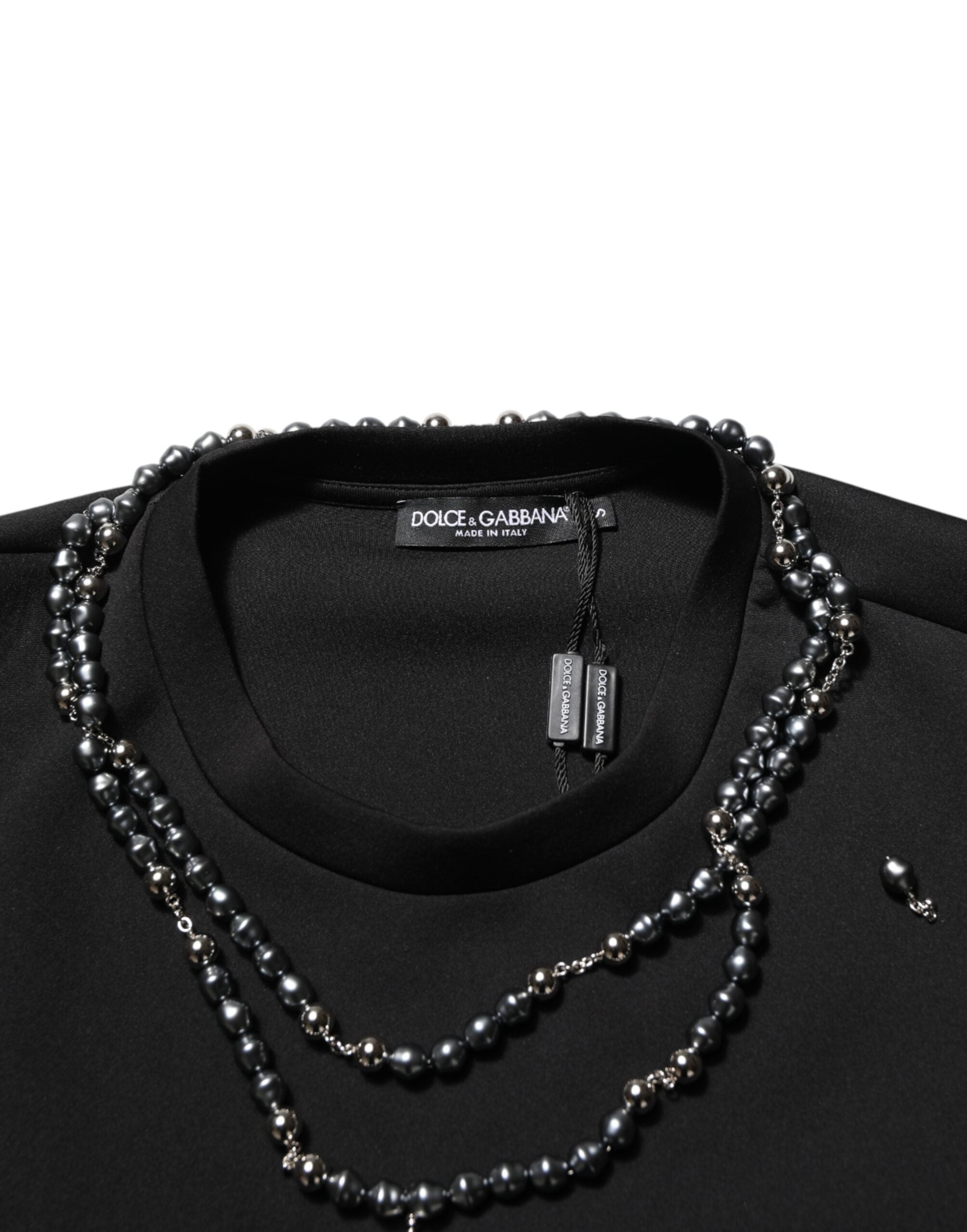 Dolce & Gabbana Black Polyester T-Shirt with Embellished Collar