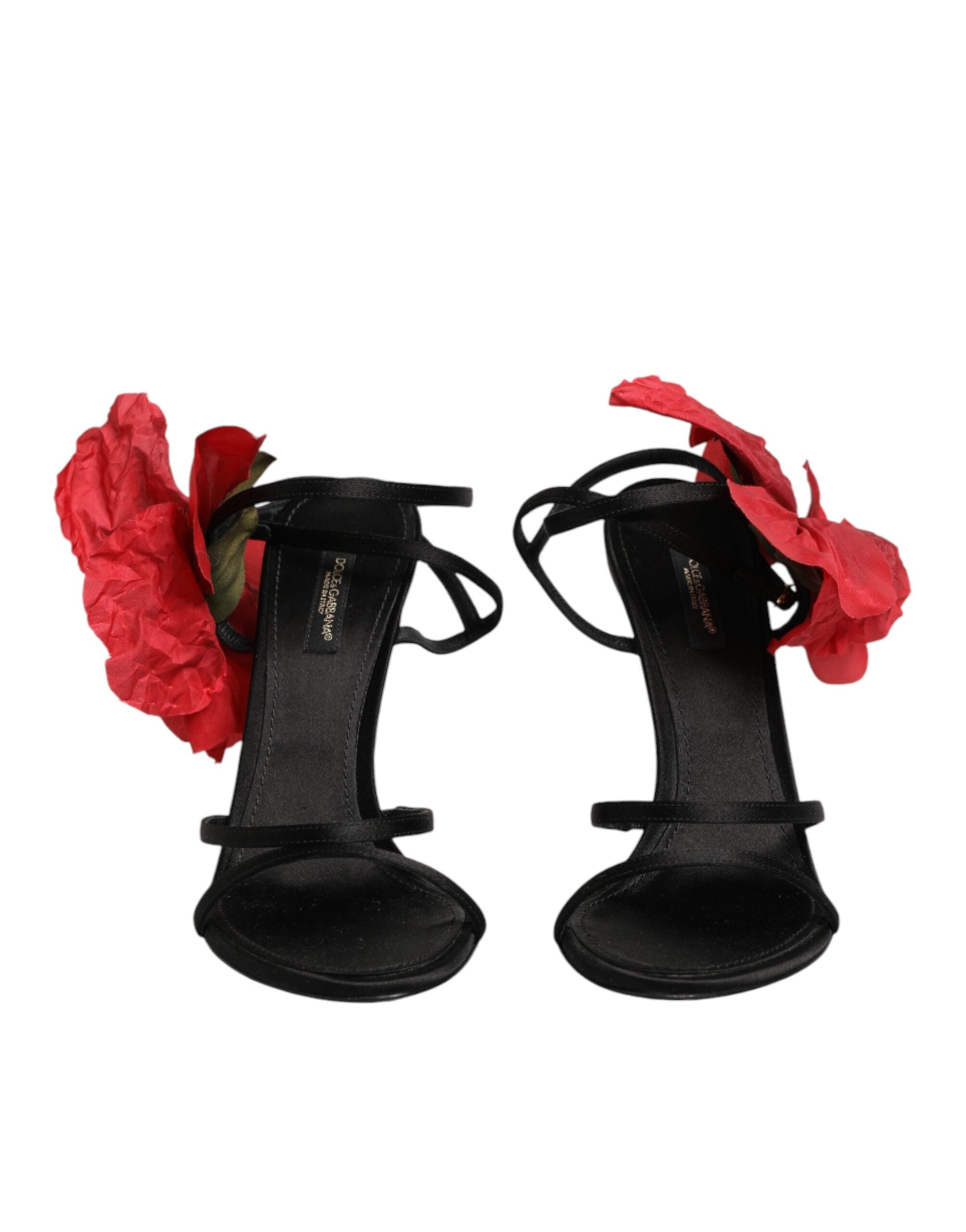 Dolce & Gabbana Black Leather Strappy Sandals with Floral Appliqué