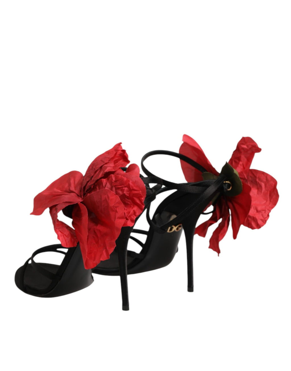 Dolce & Gabbana Black Leather Strappy Sandals with Floral Appliqué