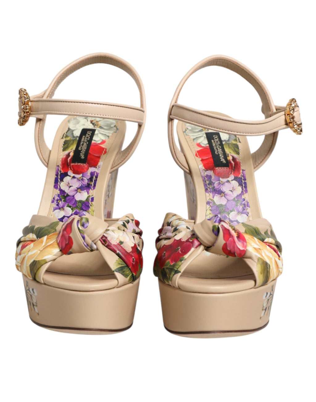 Dolce & Gabbana Beige Floral Wedge Sandals with Ankle Strap
