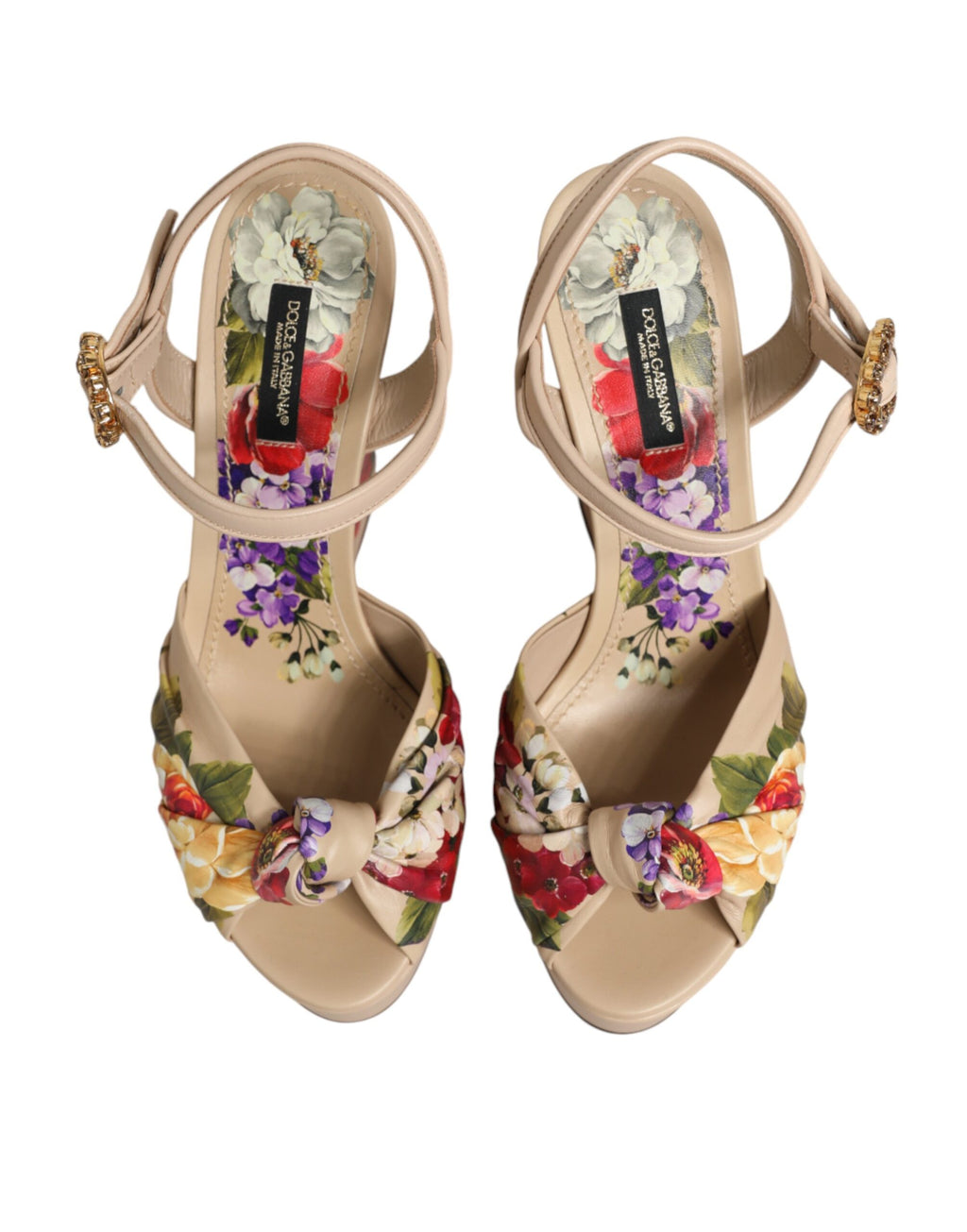 Dolce & Gabbana Beige Floral Wedge Sandals with Ankle Strap