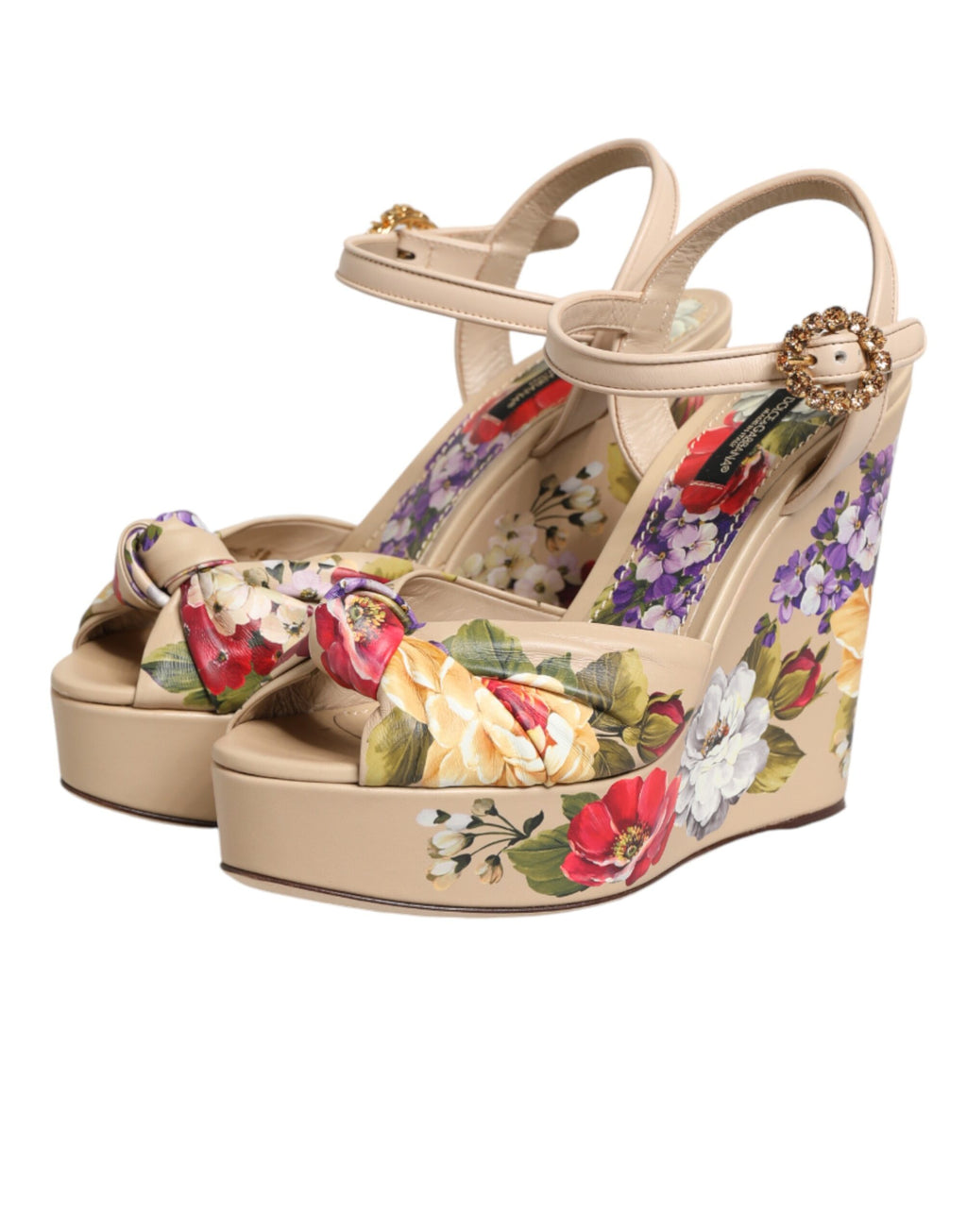 Dolce & Gabbana Beige Floral Wedge Sandals with Ankle Strap
