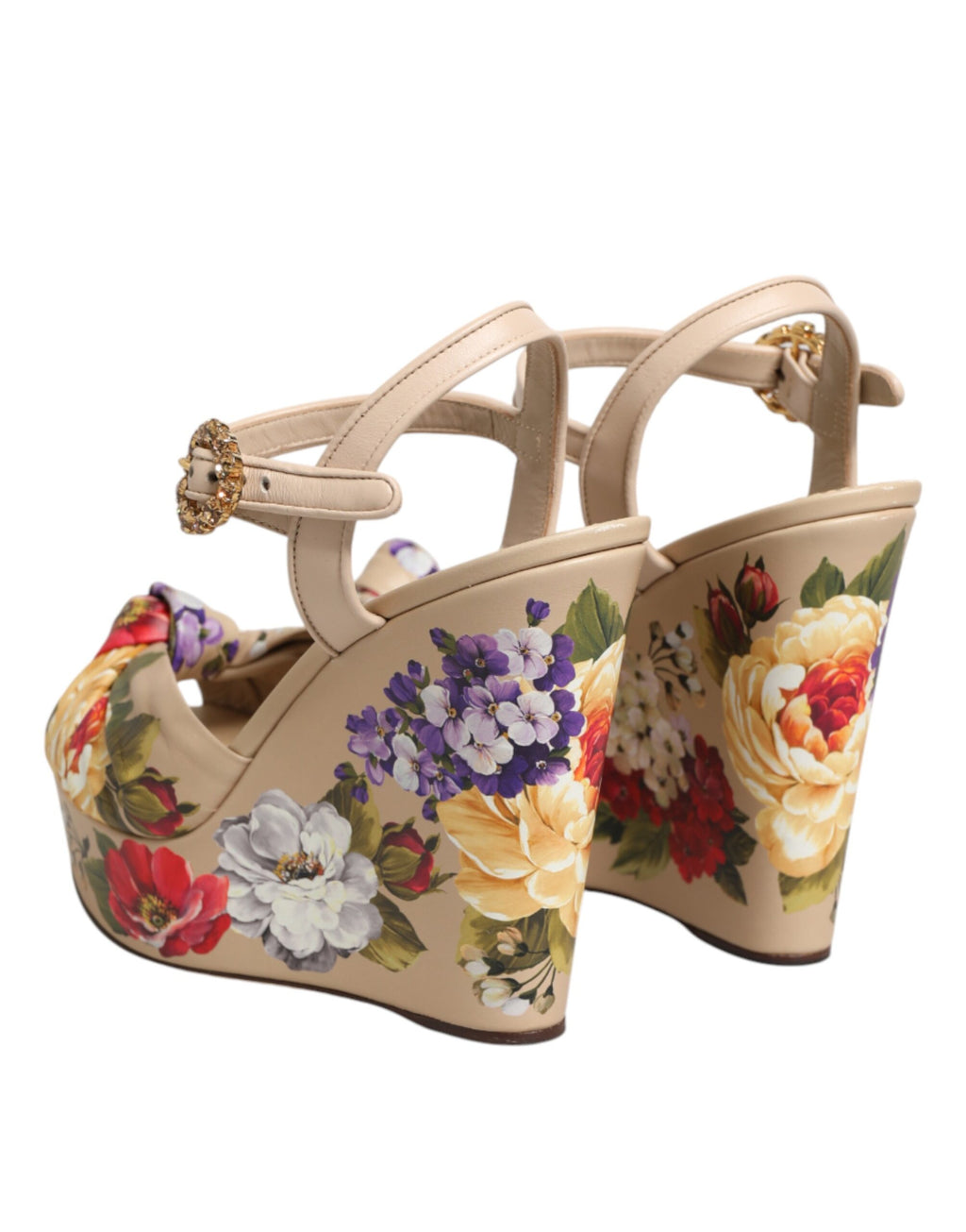 Dolce & Gabbana Beige Floral Wedge Sandals with Ankle Strap