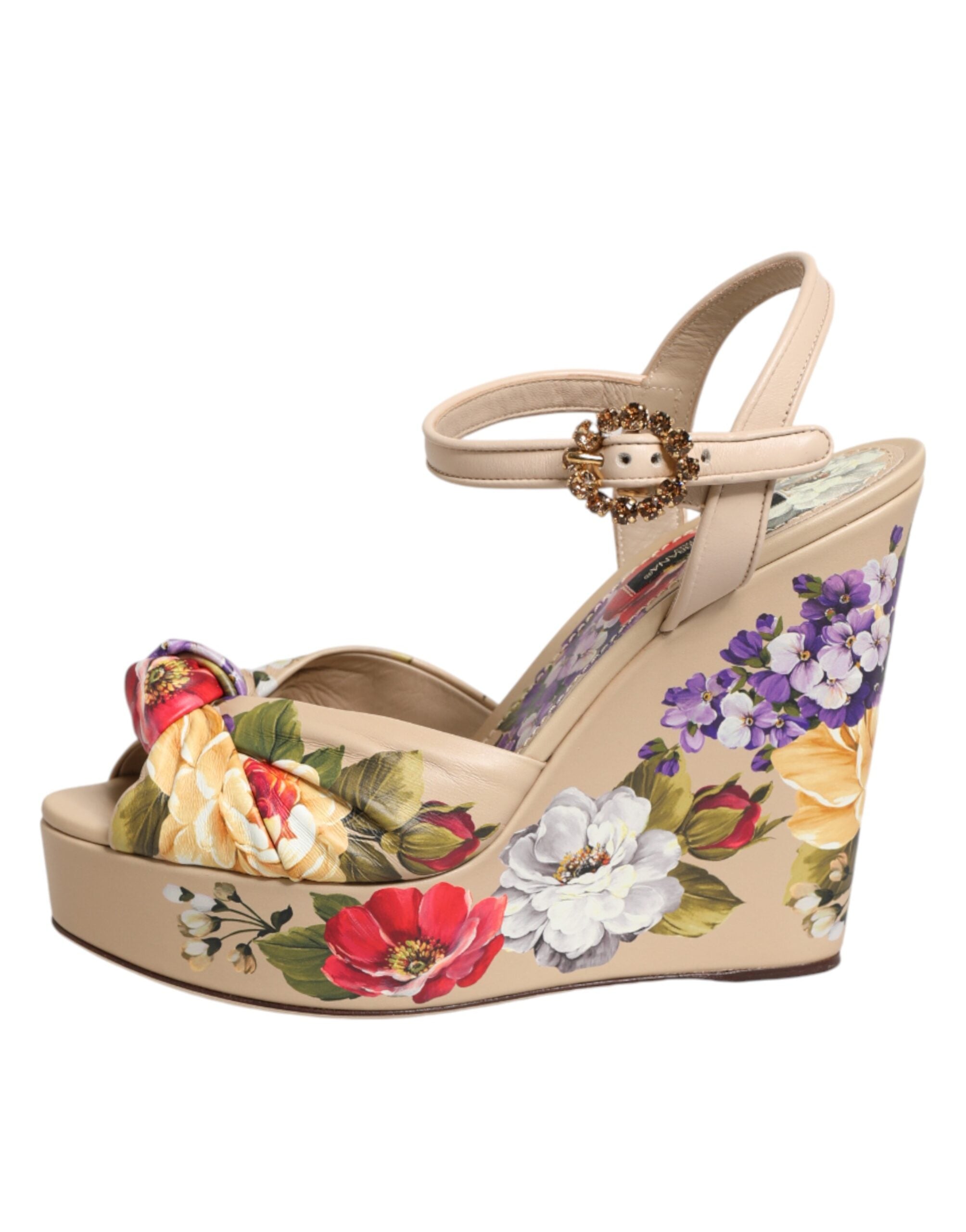 Dolce & Gabbana Beige Floral Wedge Sandals with Ankle Strap
