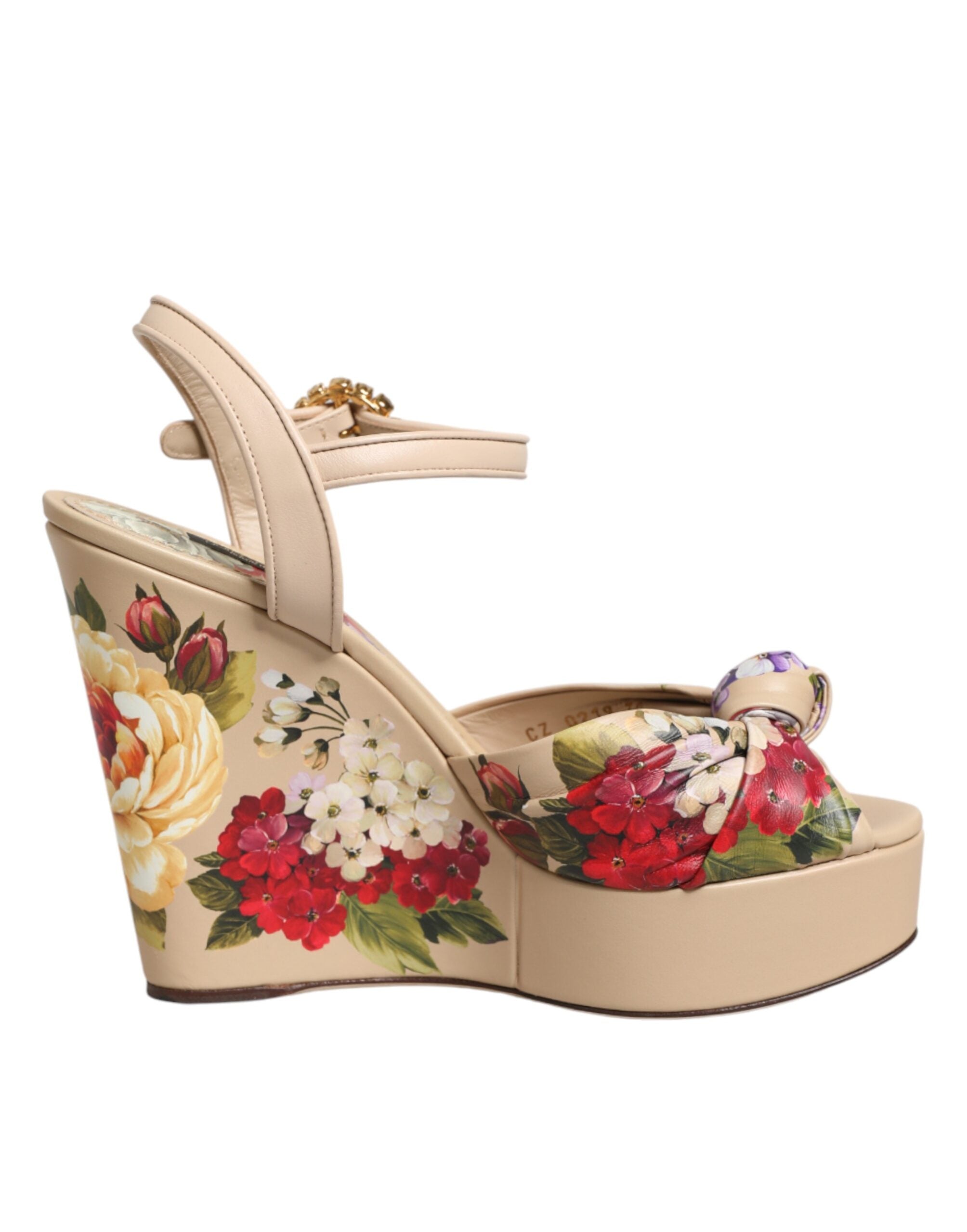 Dolce & Gabbana Beige Floral Wedge Sandals with Ankle Strap