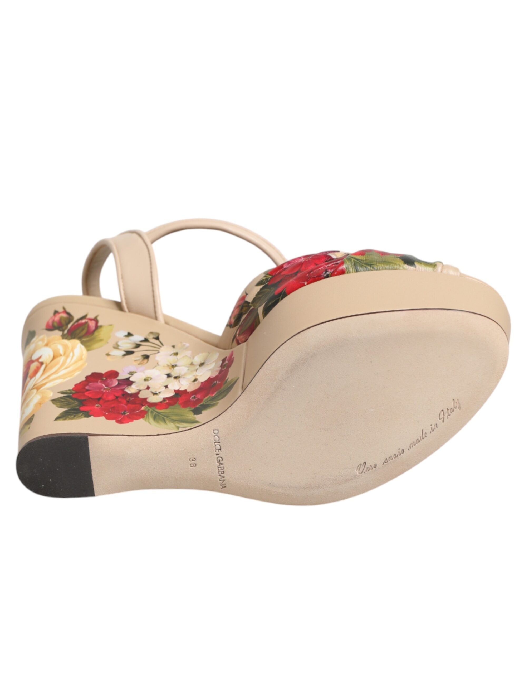 Dolce & Gabbana Beige Floral Wedge Sandals with Ankle Strap