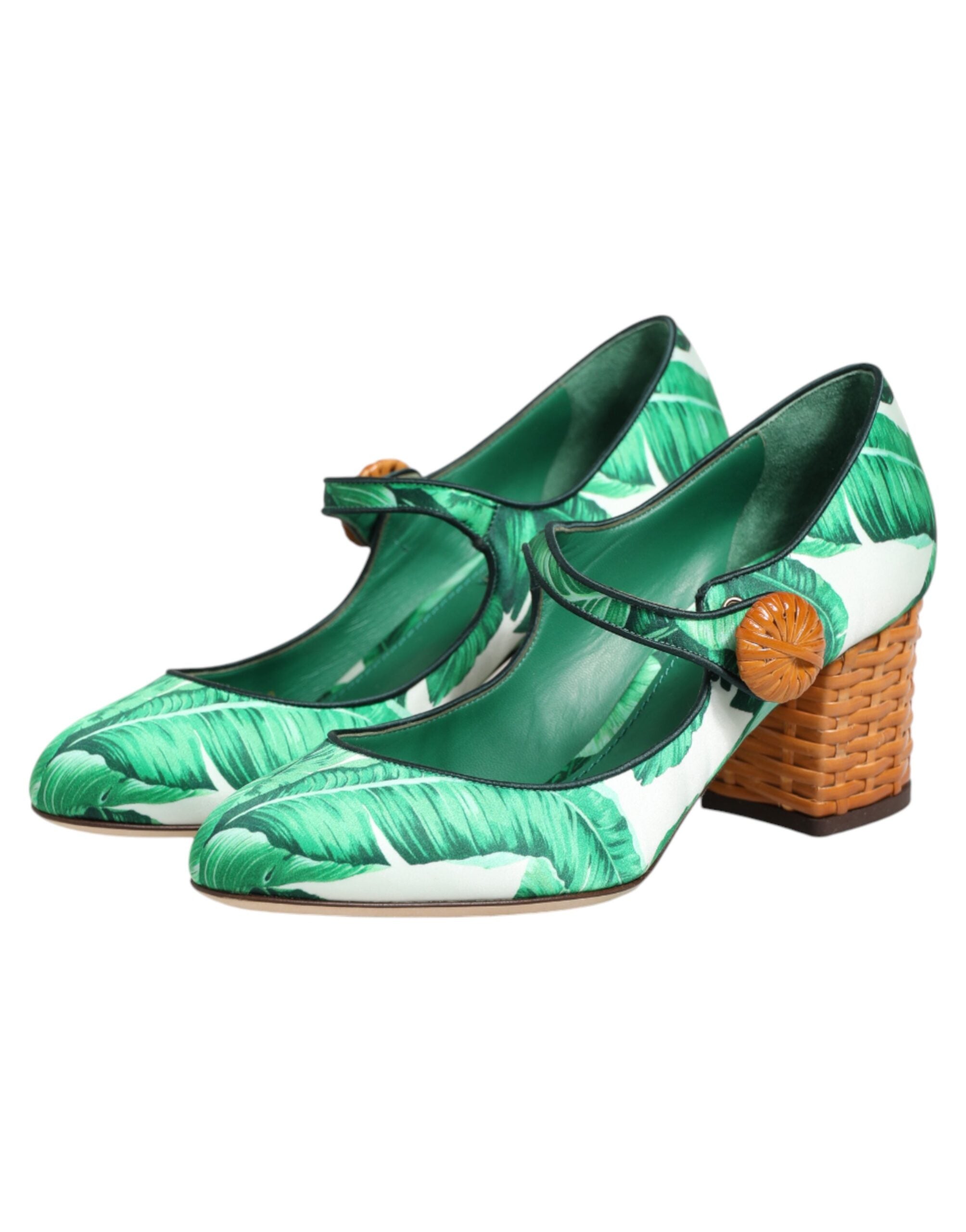 Dolce & Gabbana Grüne Seiden-Mary-Janes mit Blatt-Detail