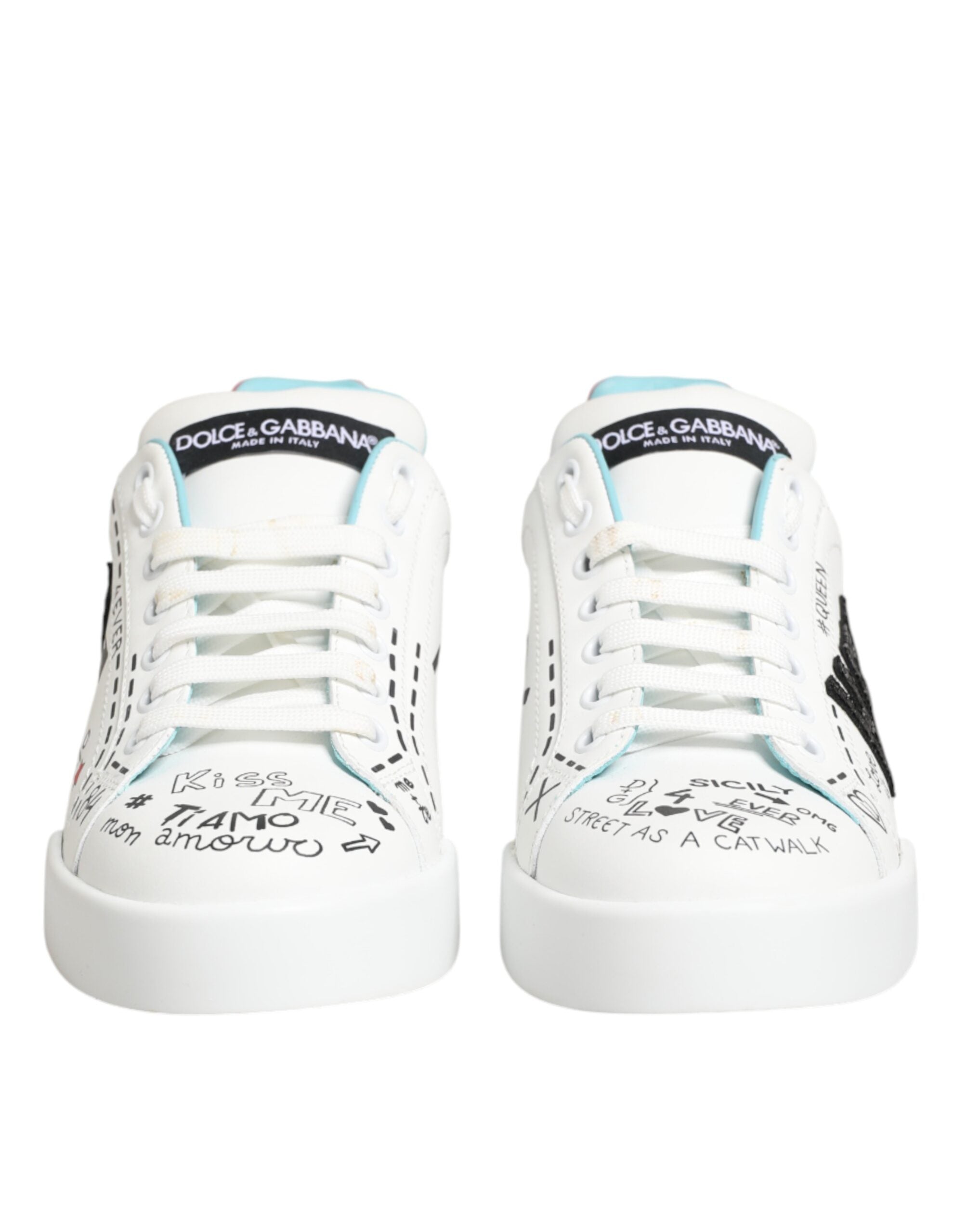 Dolce & Gabbana White Graffiti Leather Sneakers