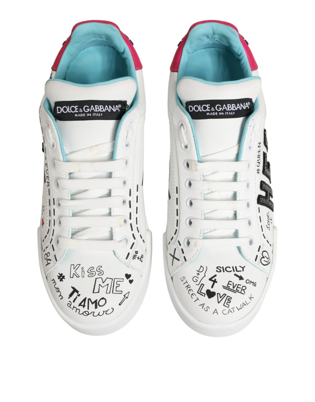Dolce & Gabbana White Graffiti Leather Sneakers