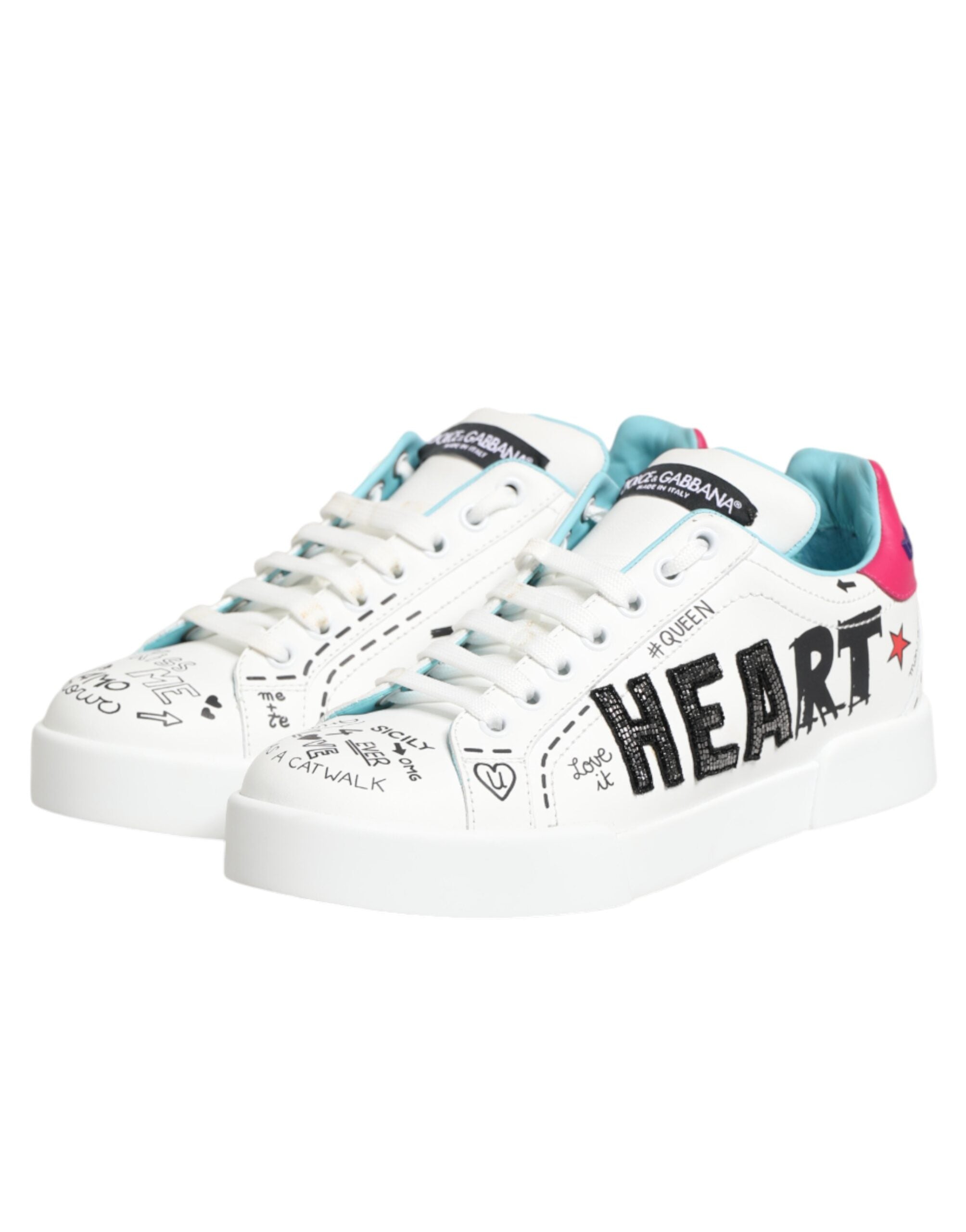 Dolce & Gabbana White Graffiti Leather Sneakers