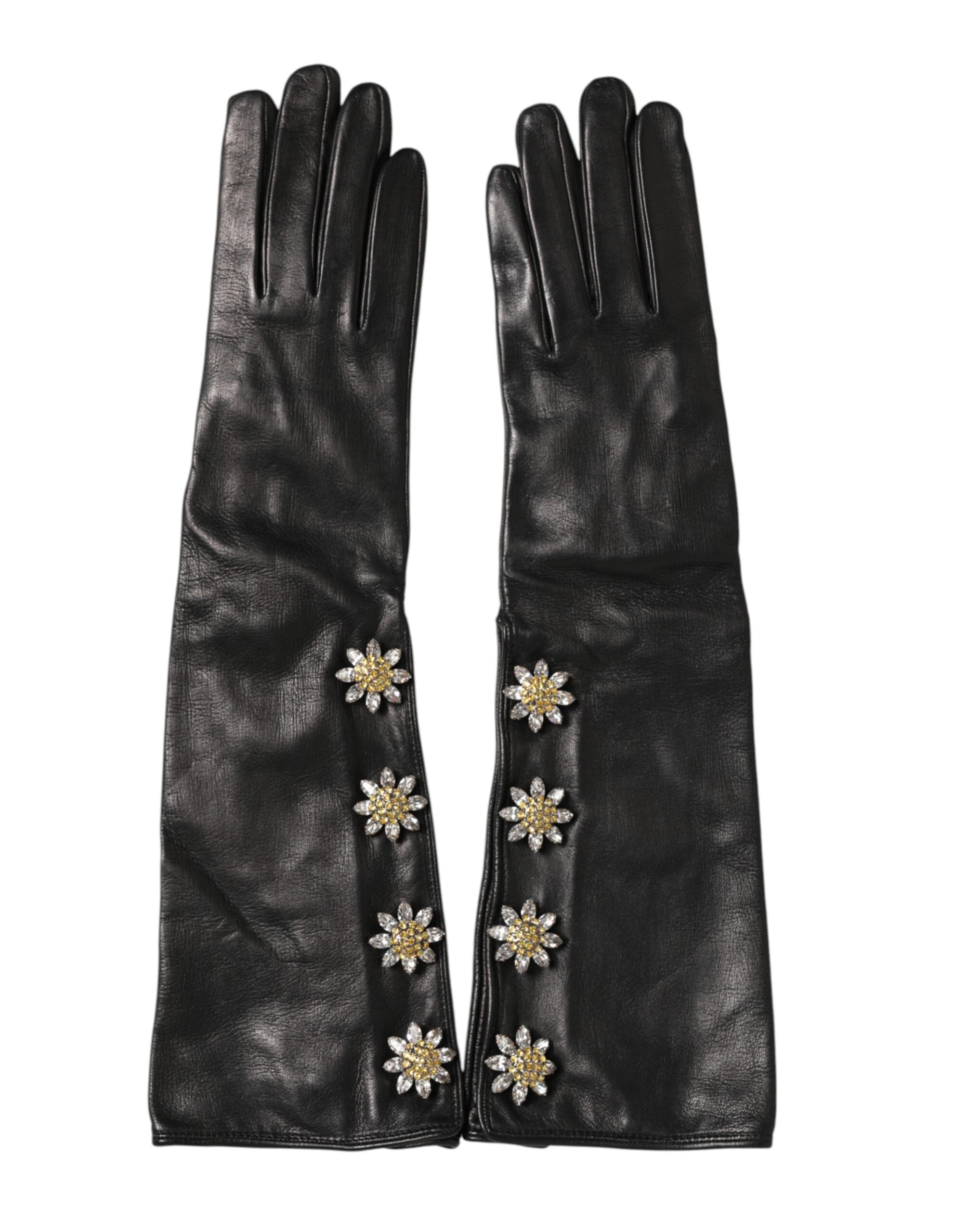 Dolce & Gabbana Embellished Black Leather Gloves with Long Cuffs