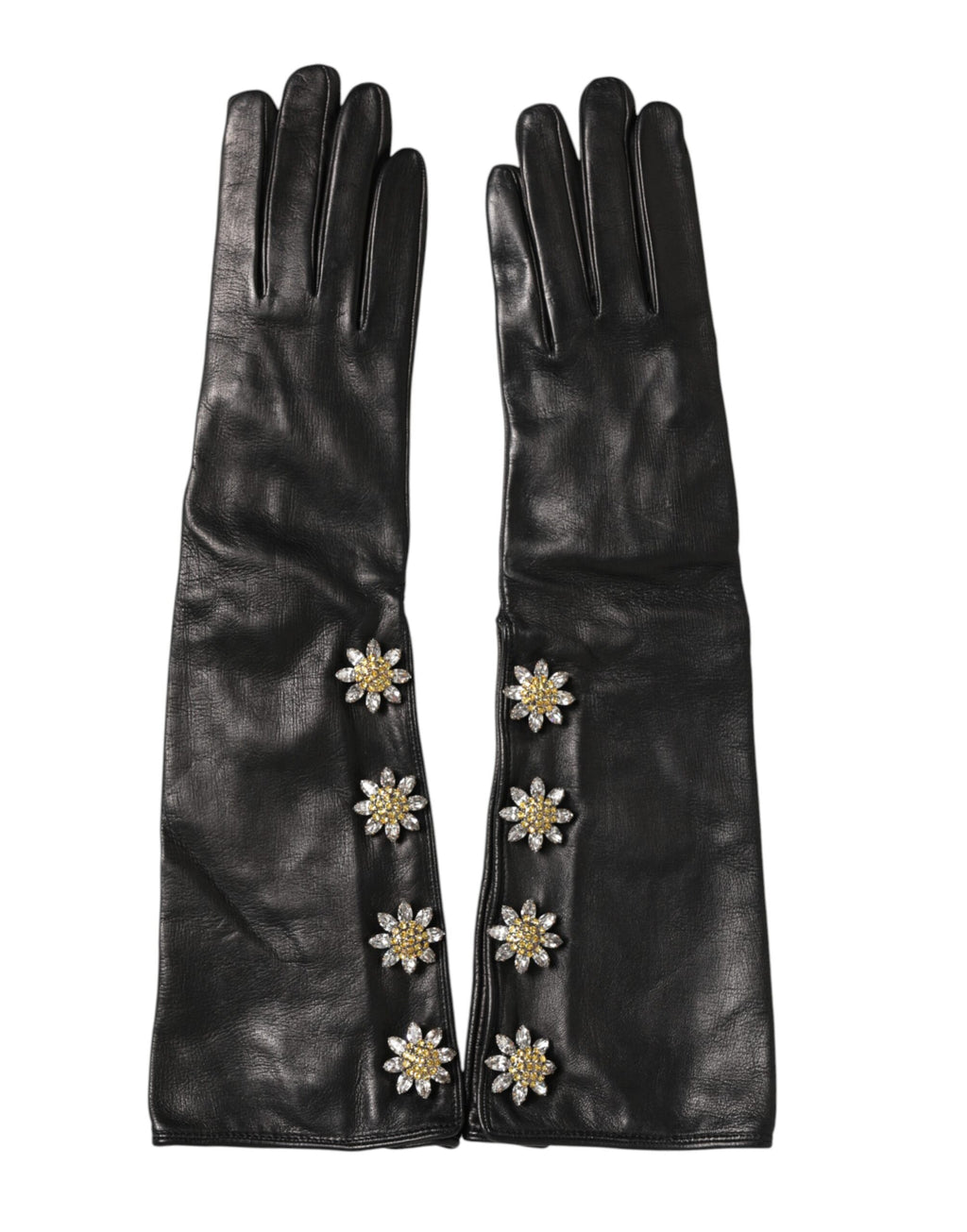 Dolce & Gabbana Embellished Black Leather Gloves with Long Cuffs