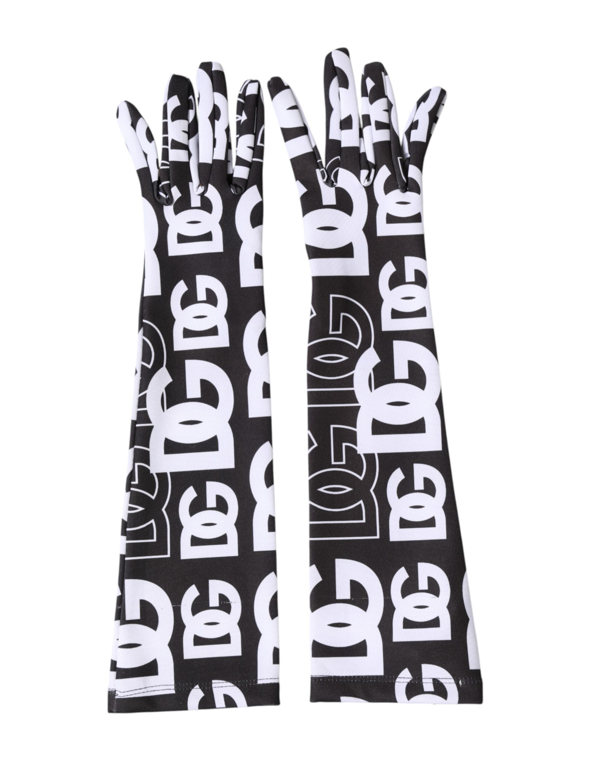 Dolce & Gabbana Schwarze und Weiße DG Logo Ellenbogenlange Handschuhe