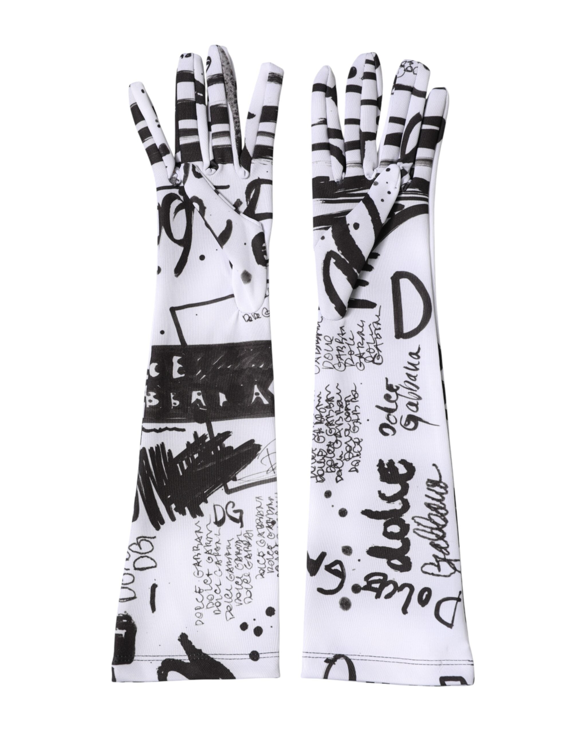 Dolce & Gabbana Black and White DG Logo Elbow-Length Gloves
