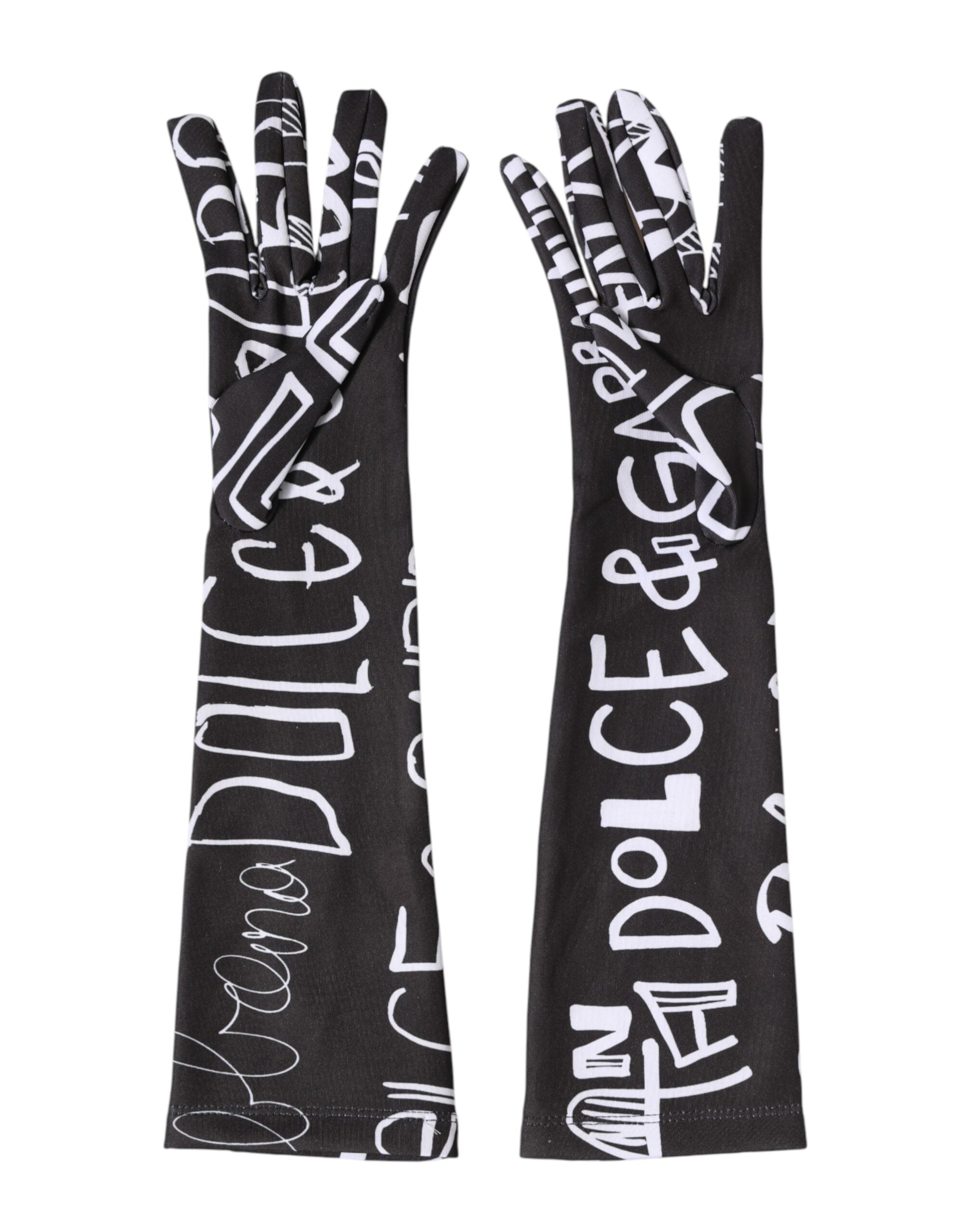 Dolce & Gabbana Black and White DG-Logo Elbow-Length Gloves