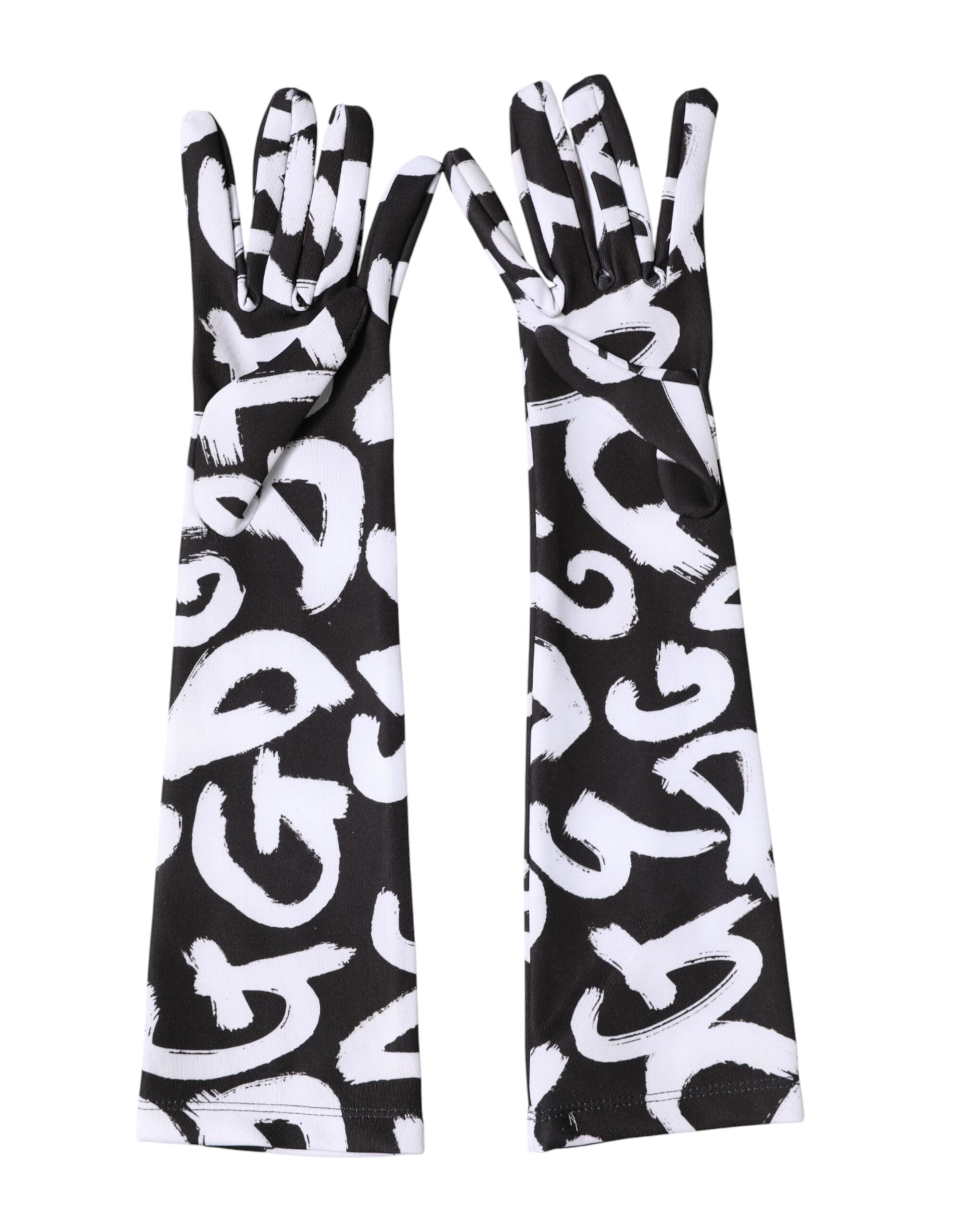 Dolce & Gabbana Schwarze und Weiße DG Logo Ellenbogenlange Handschuhe