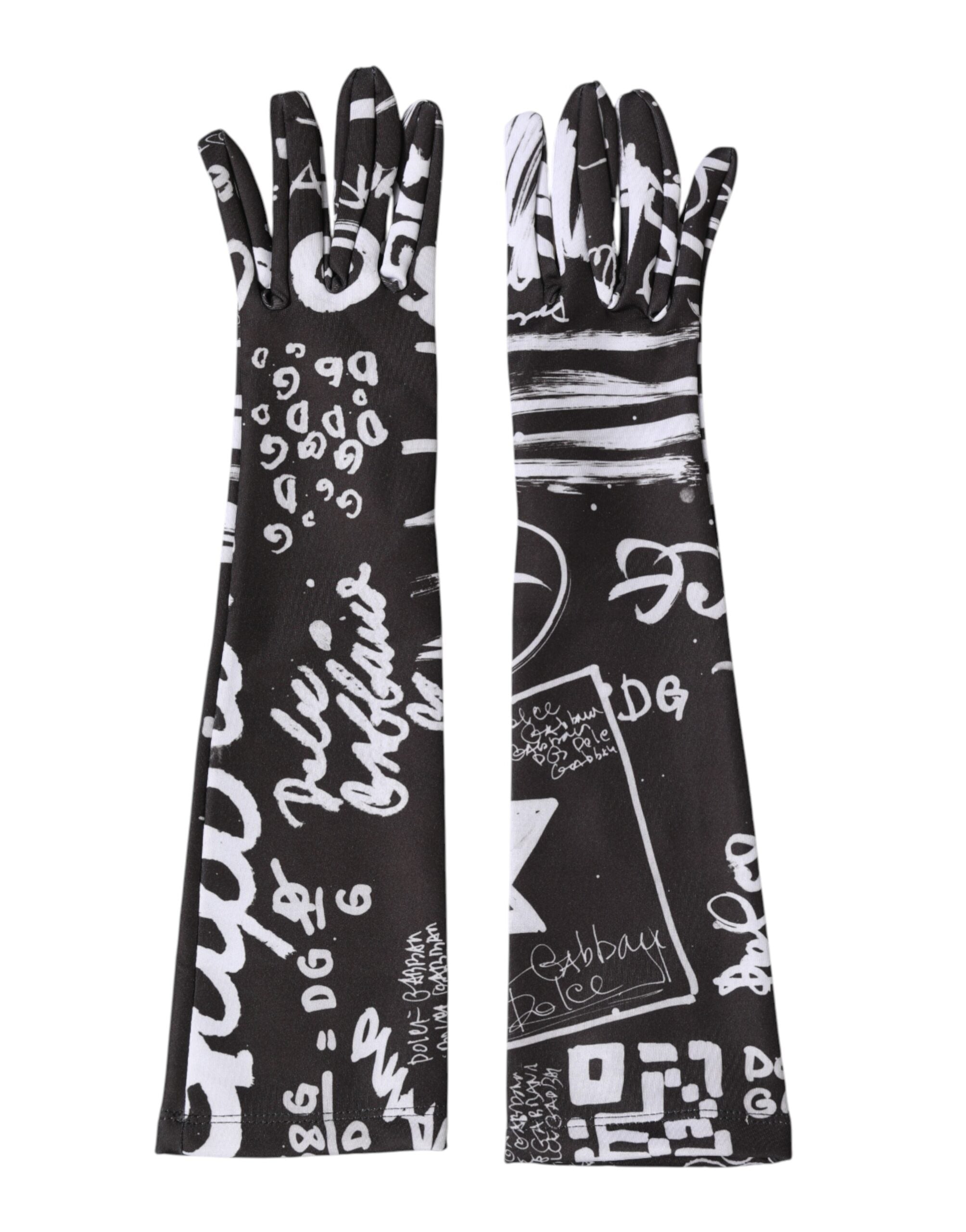 Dolce & Gabbana Schwarze und Weiße DG Logo Ellenbogenlange Handschuhe