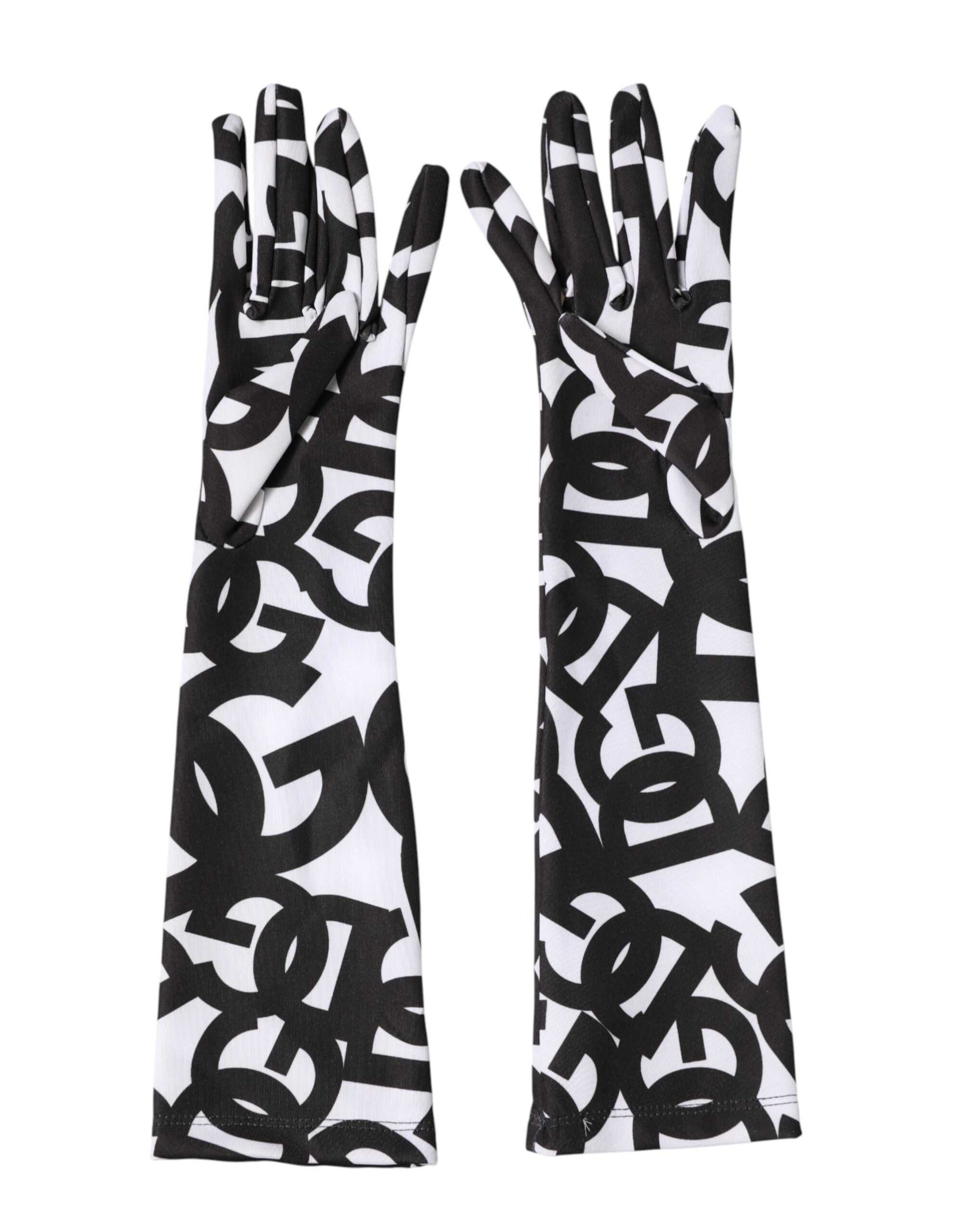 Dolce & Gabbana Black and White DG Logo Elbow-Length Fingerless Gloves