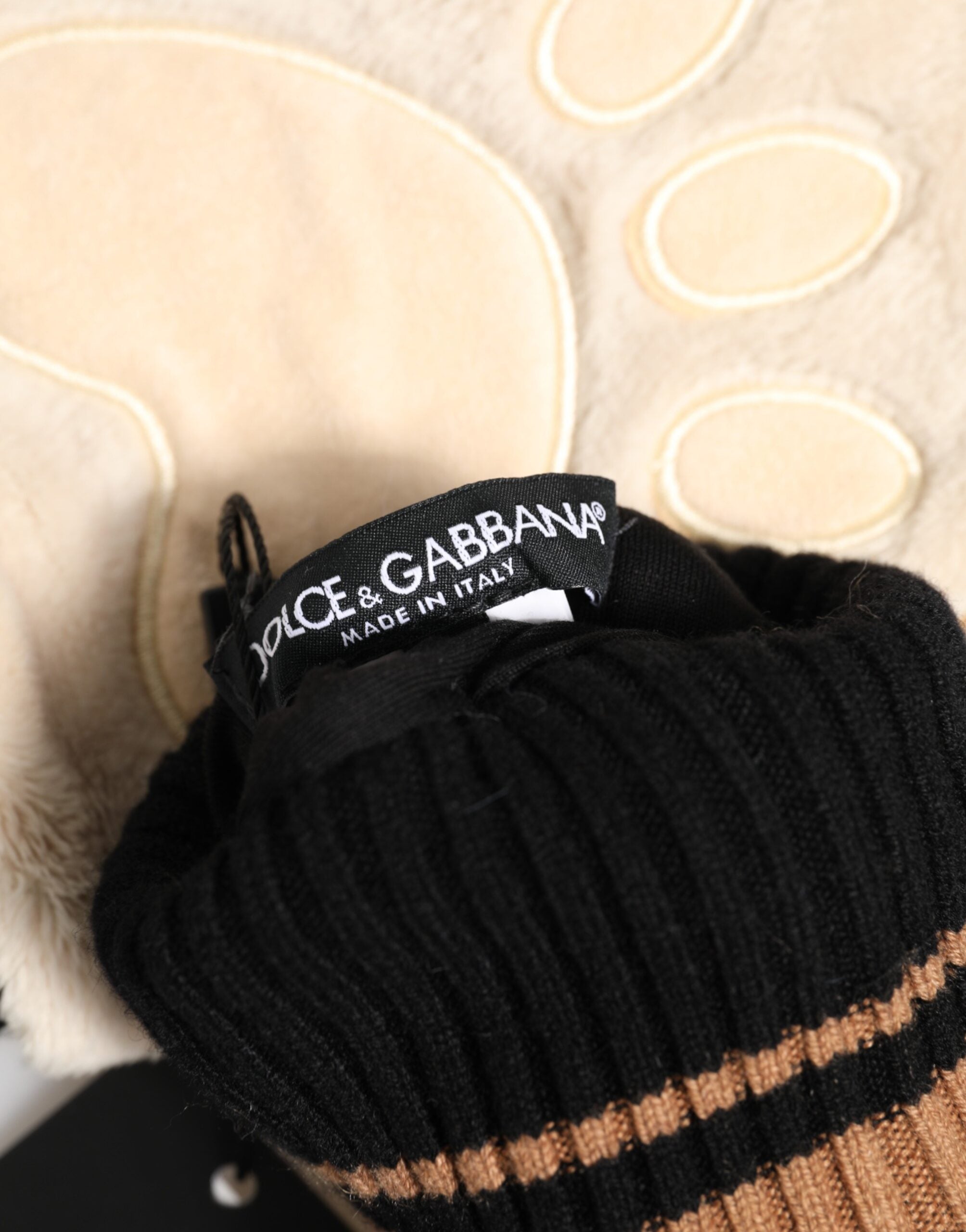 Dolce & Gabbana Brown Tiger Knit Gloves with Fur Cuffs, One Size