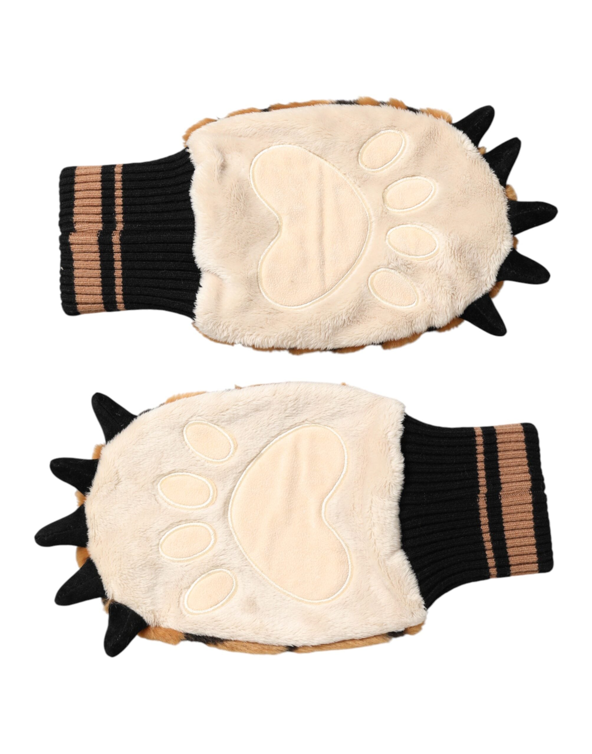 Dolce & Gabbana Brown Tiger Knit Gloves with Fur Cuffs, One Size