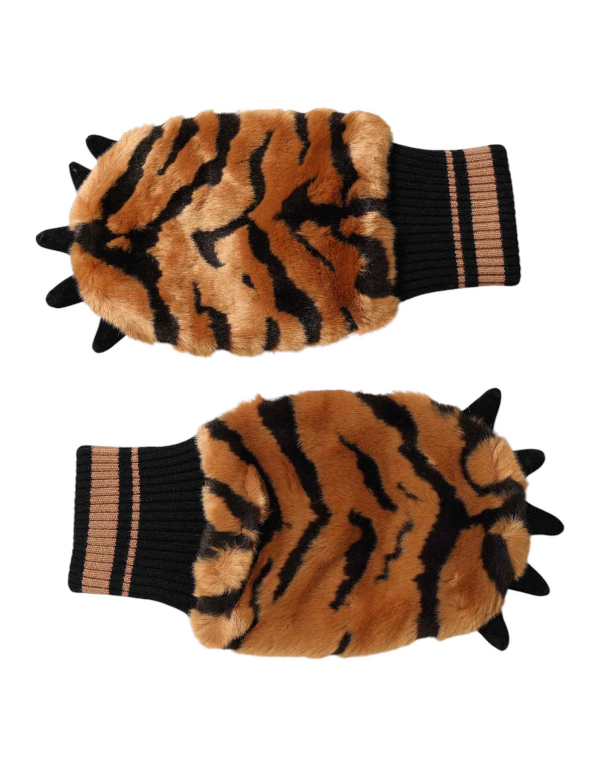 Dolce & Gabbana Brown Tiger Knit Gloves with Fur Cuffs, One Size