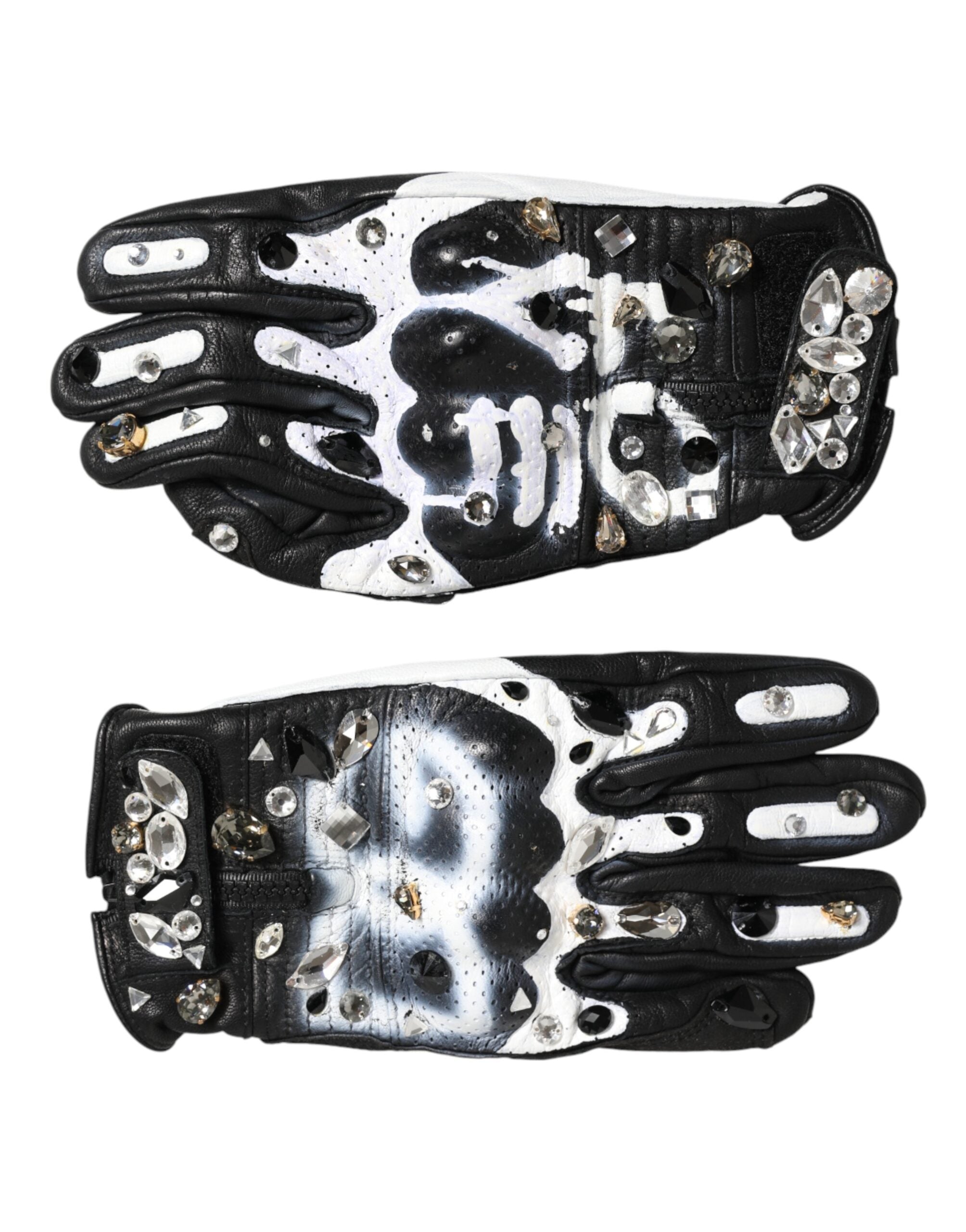 Dolce & Gabbana Gloves Black White Crystal Wrist Length Mittens