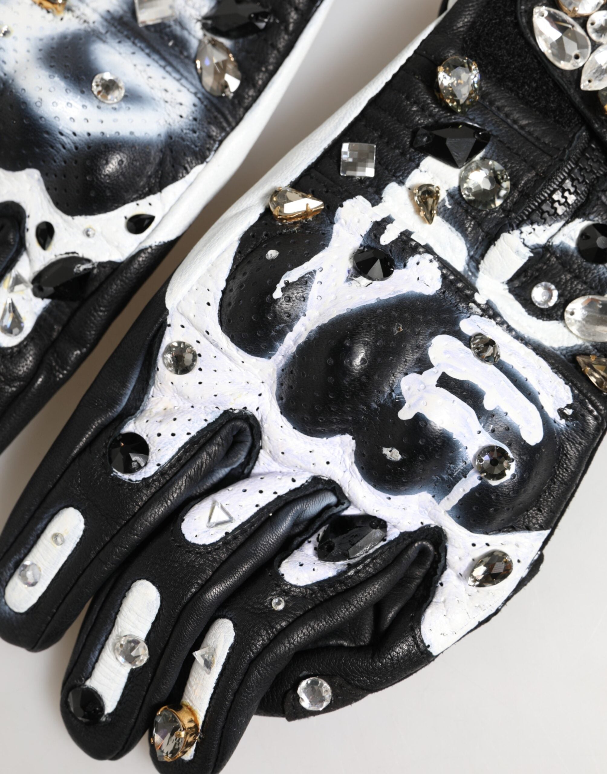 Dolce & Gabbana Gloves Black White Crystal Wrist Length Mittens