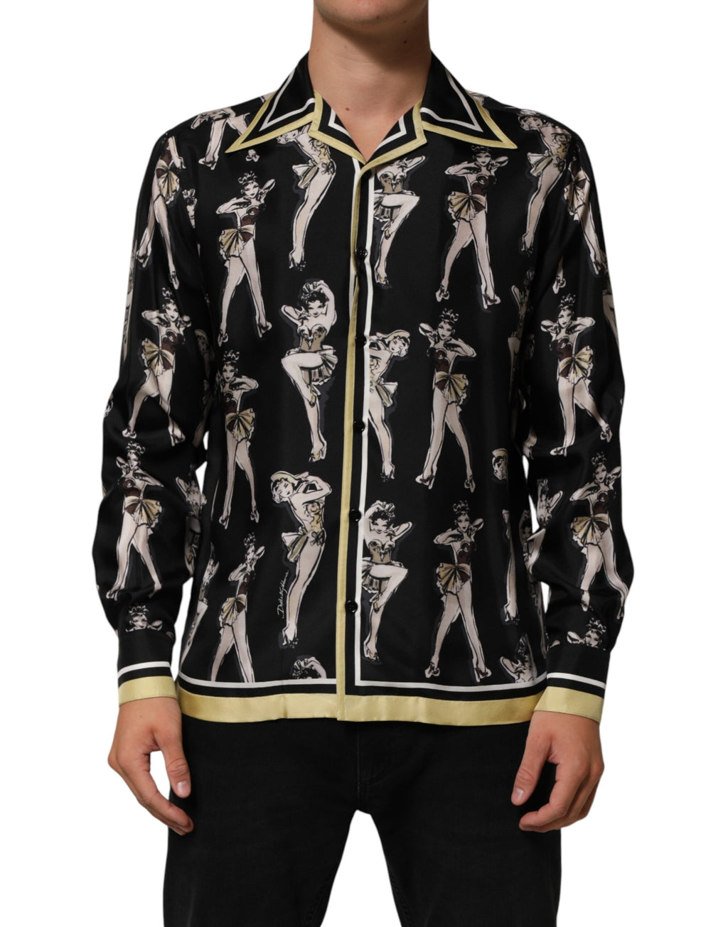 Dolce & Gabbana Schwarzes Seidenhemd mit Pin-Up-Print und Knopfleiste