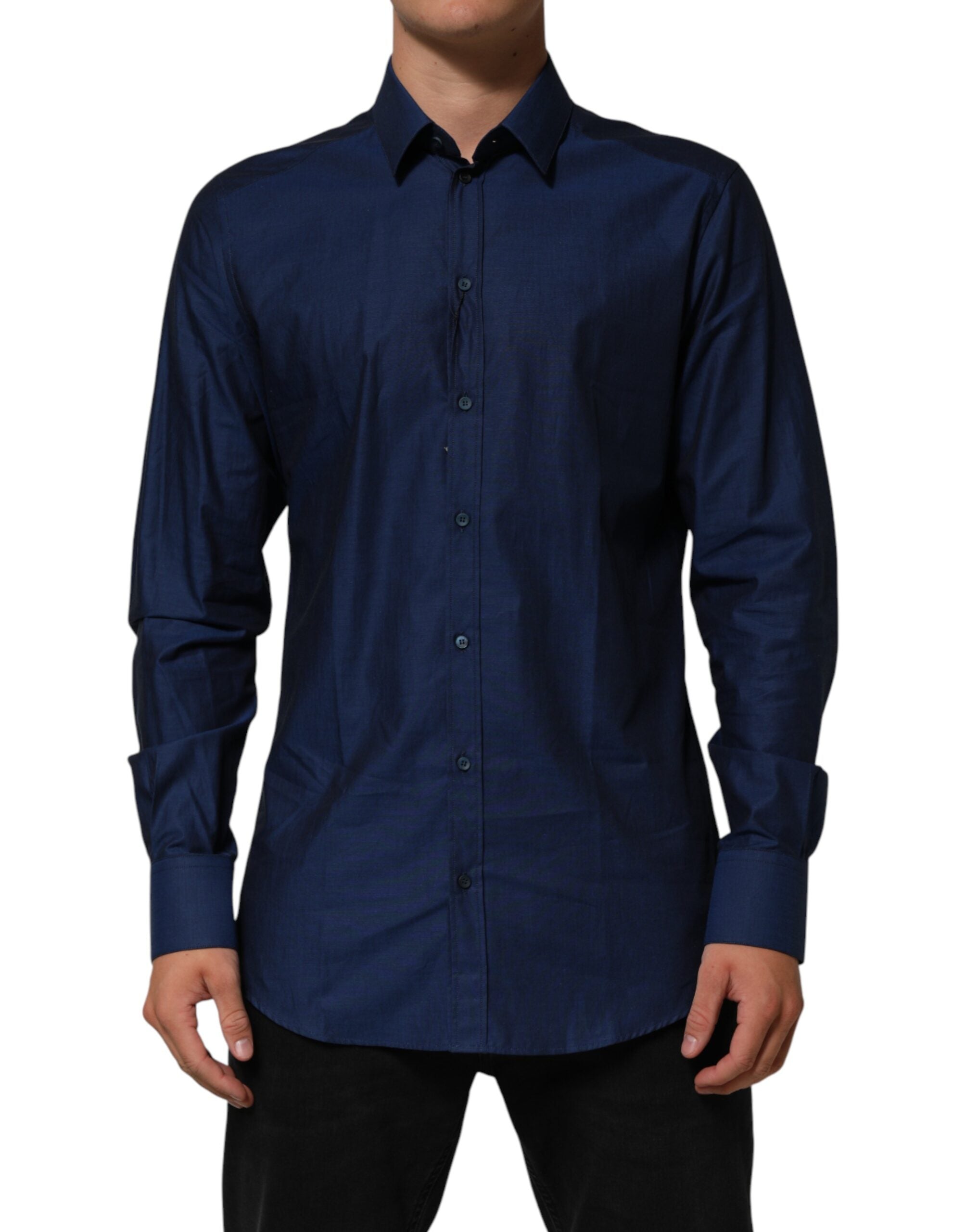 Dolce & Gabbana Blaues Herren-Hemd aus Baumwolle mit Kragen GOLD