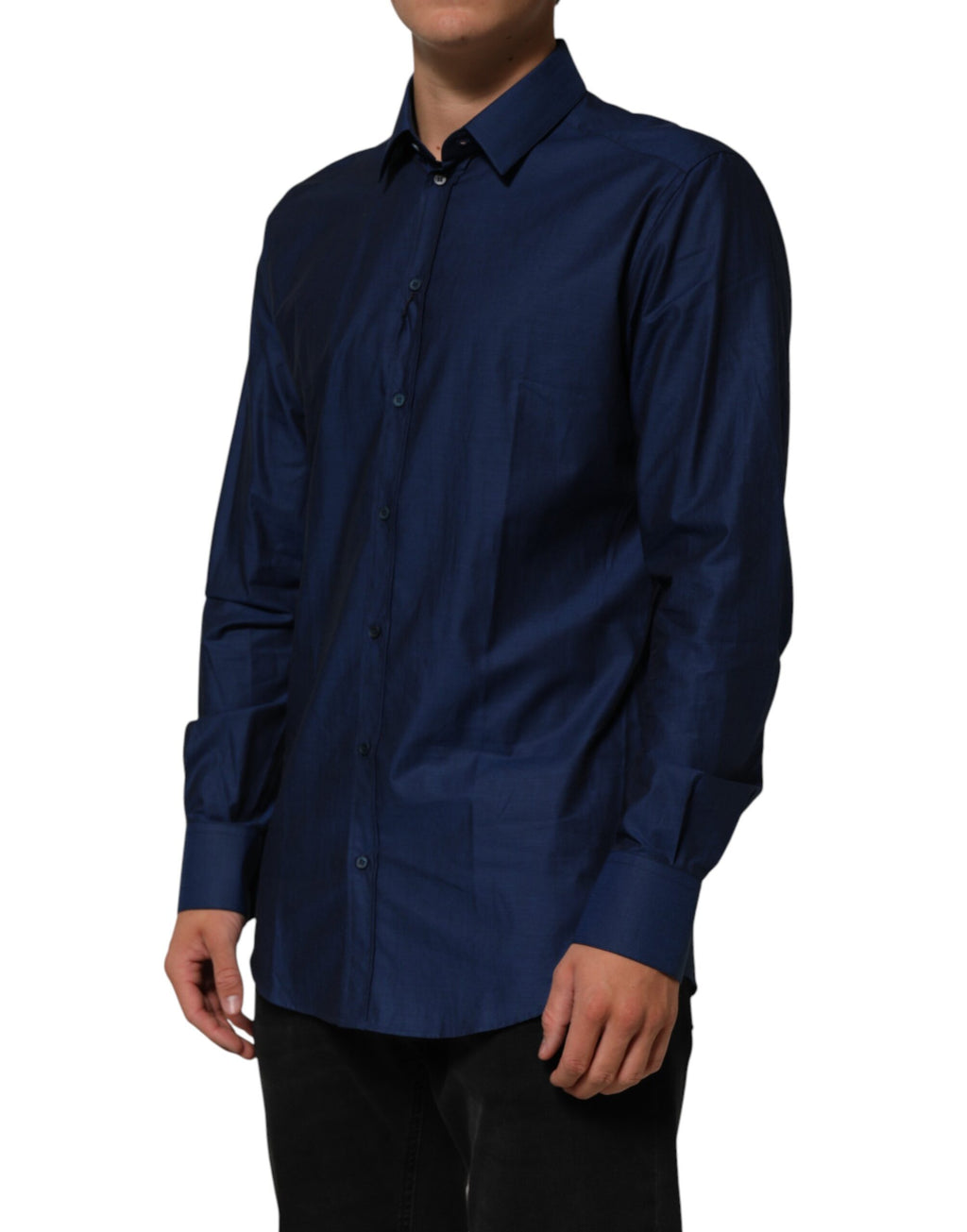 Dolce & Gabbana Blaues Herren-Hemd aus Baumwolle mit Kragen GOLD