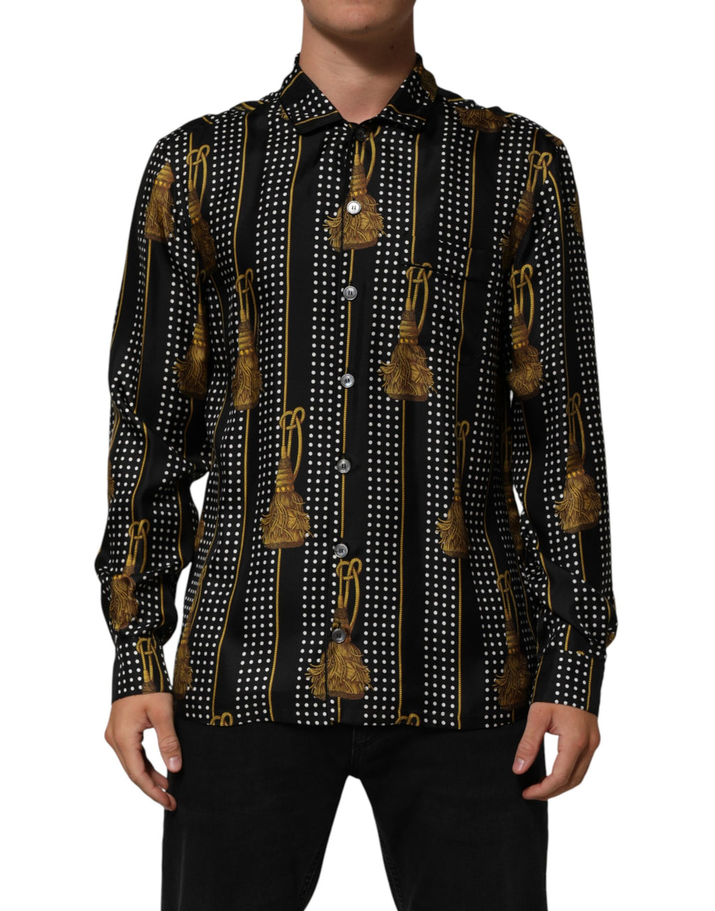 Dolce & Gabbana Black Polka Dot Silk Shirt with Tassels
