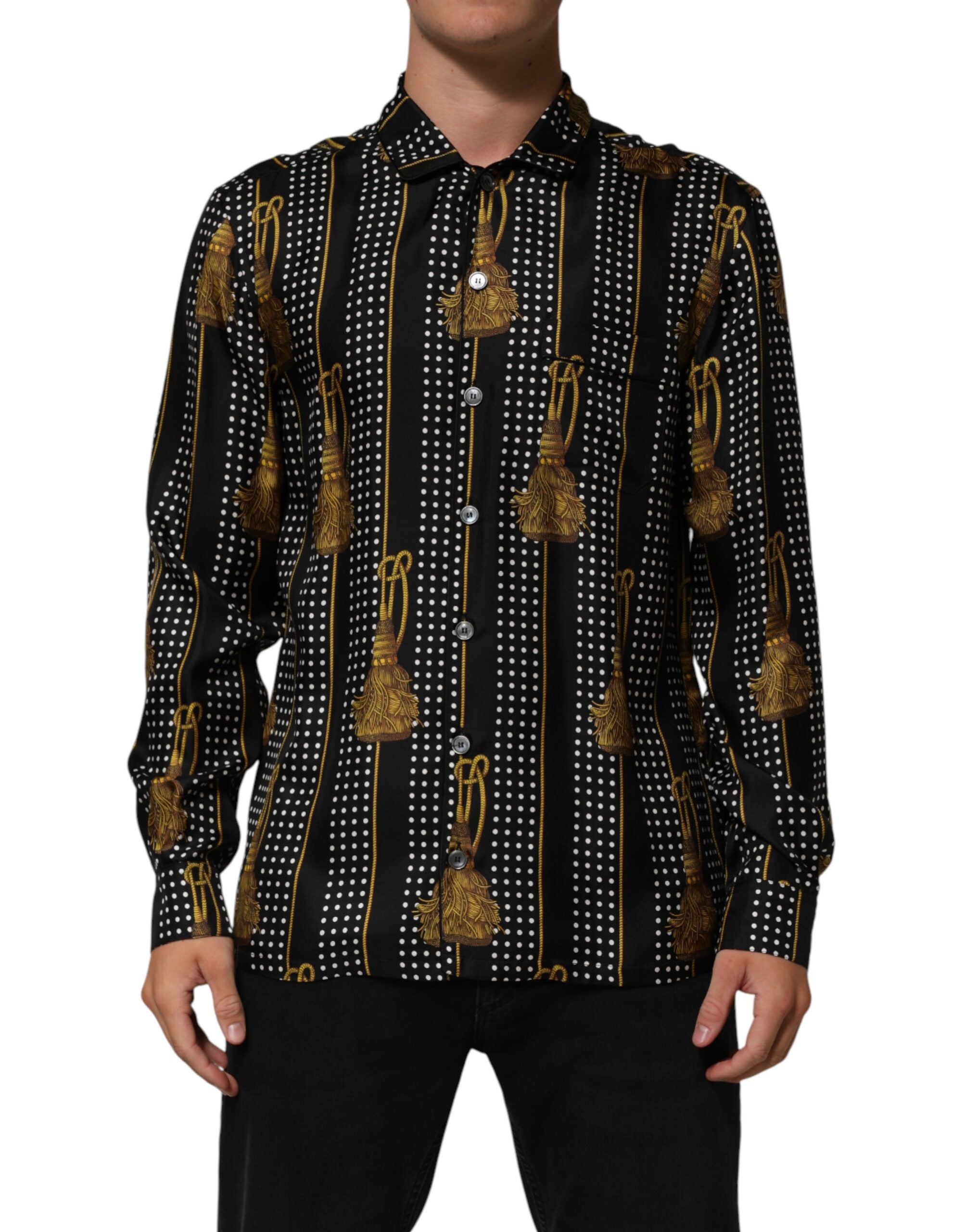 Dolce & Gabbana Black Polka Dot Silk Shirt with Tassels