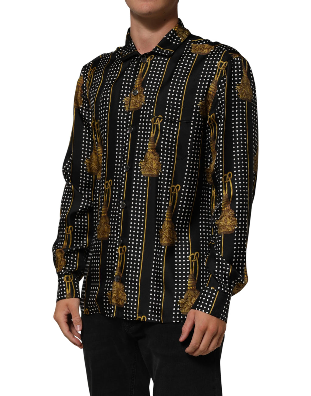 Dolce & Gabbana Black Polka Dot Silk Shirt with Tassels