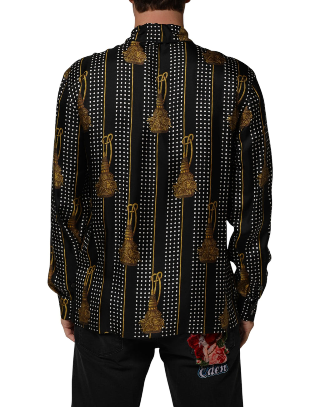 Dolce & Gabbana Black Polka Dot Silk Shirt with Tassels