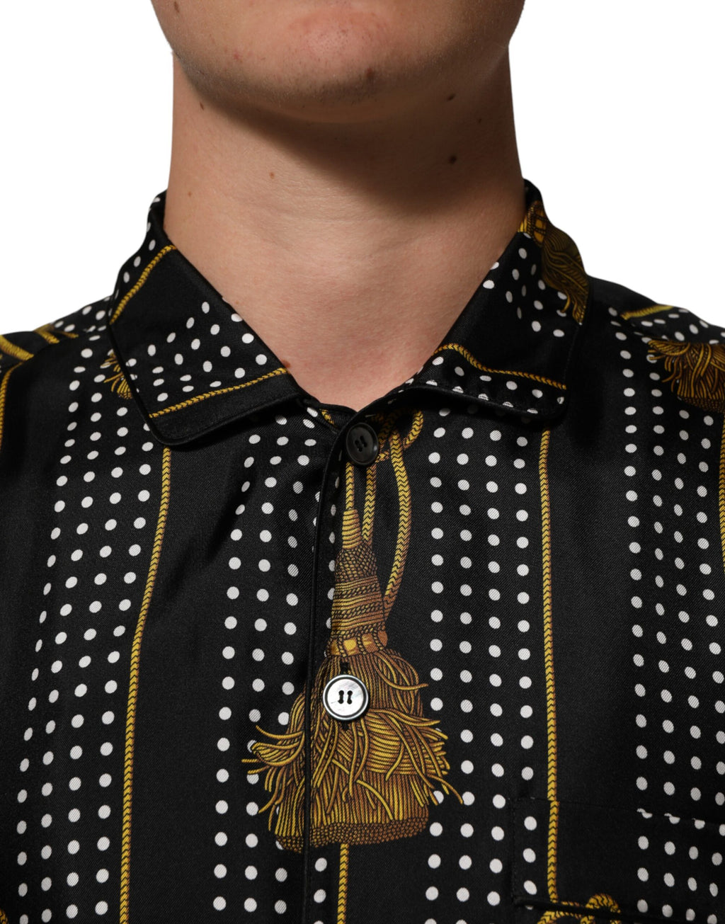 Dolce & Gabbana Black Polka Dot Silk Shirt with Tassels