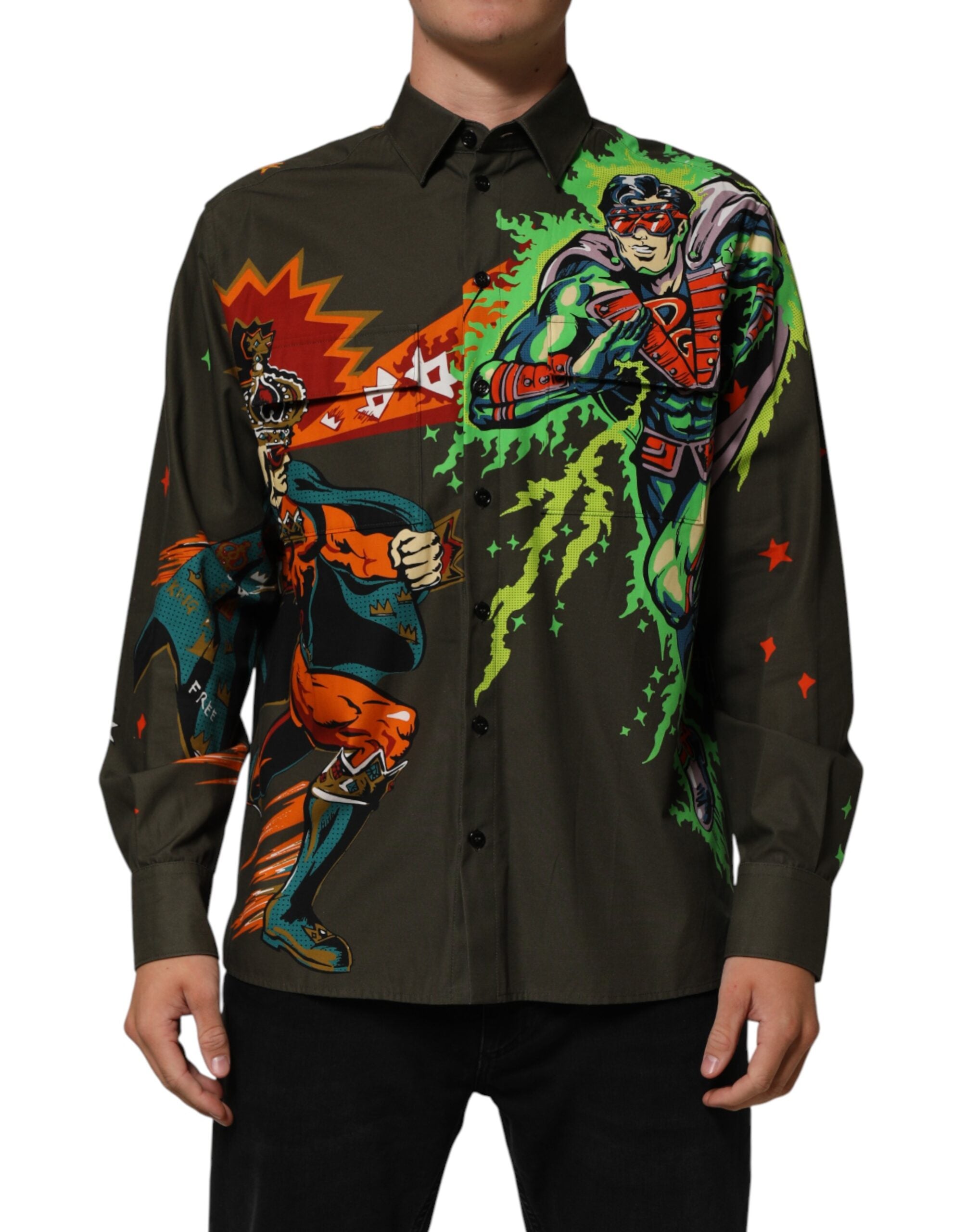 Dolce & Gabbana superhero-print shirt with button placket in brown
