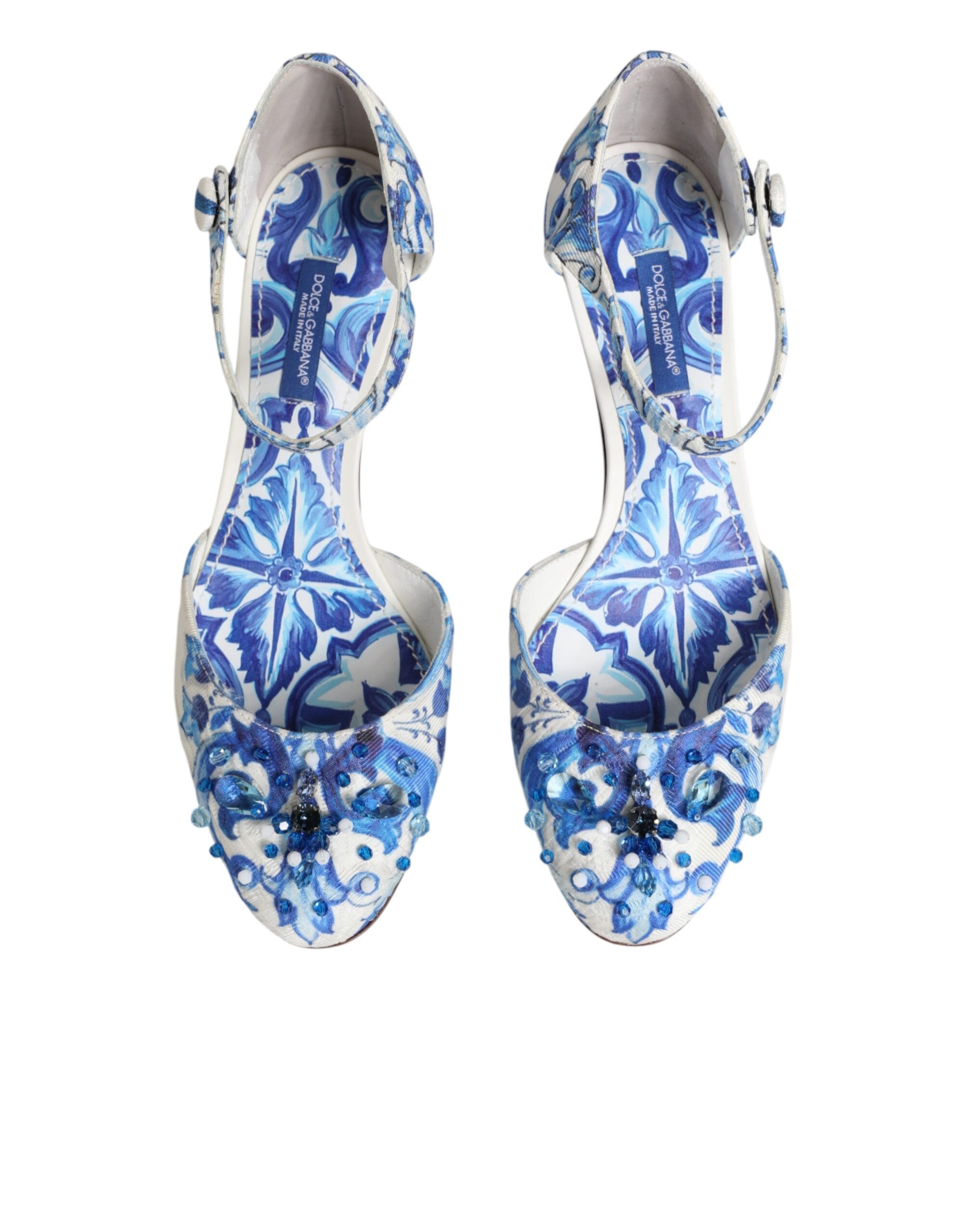 Dolce & Gabbana Weiße und blaue Sandalen mit Blumenmuster und Kristallen