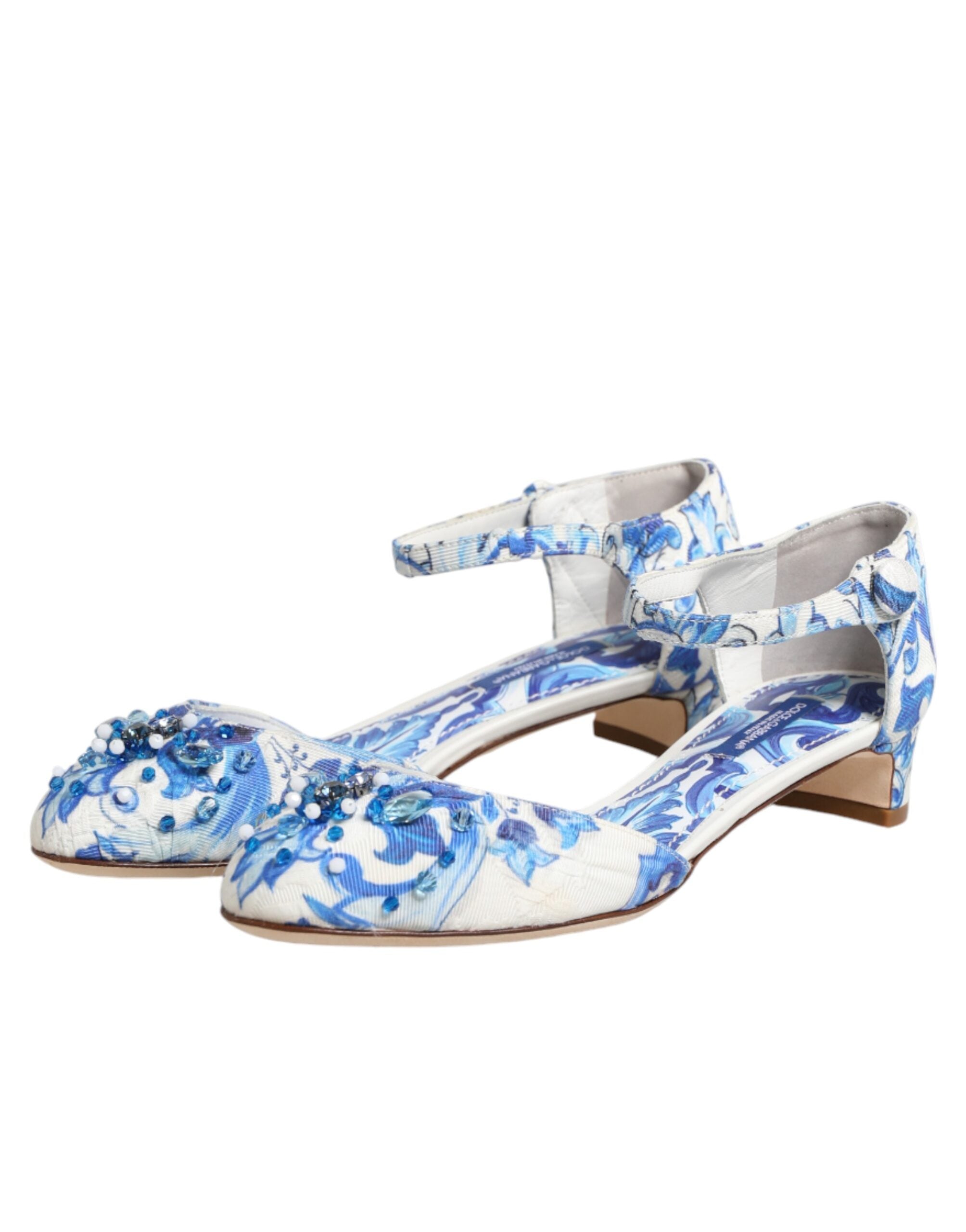 Dolce & Gabbana Weiße und blaue Sandalen mit Blumenmuster und Kristallen