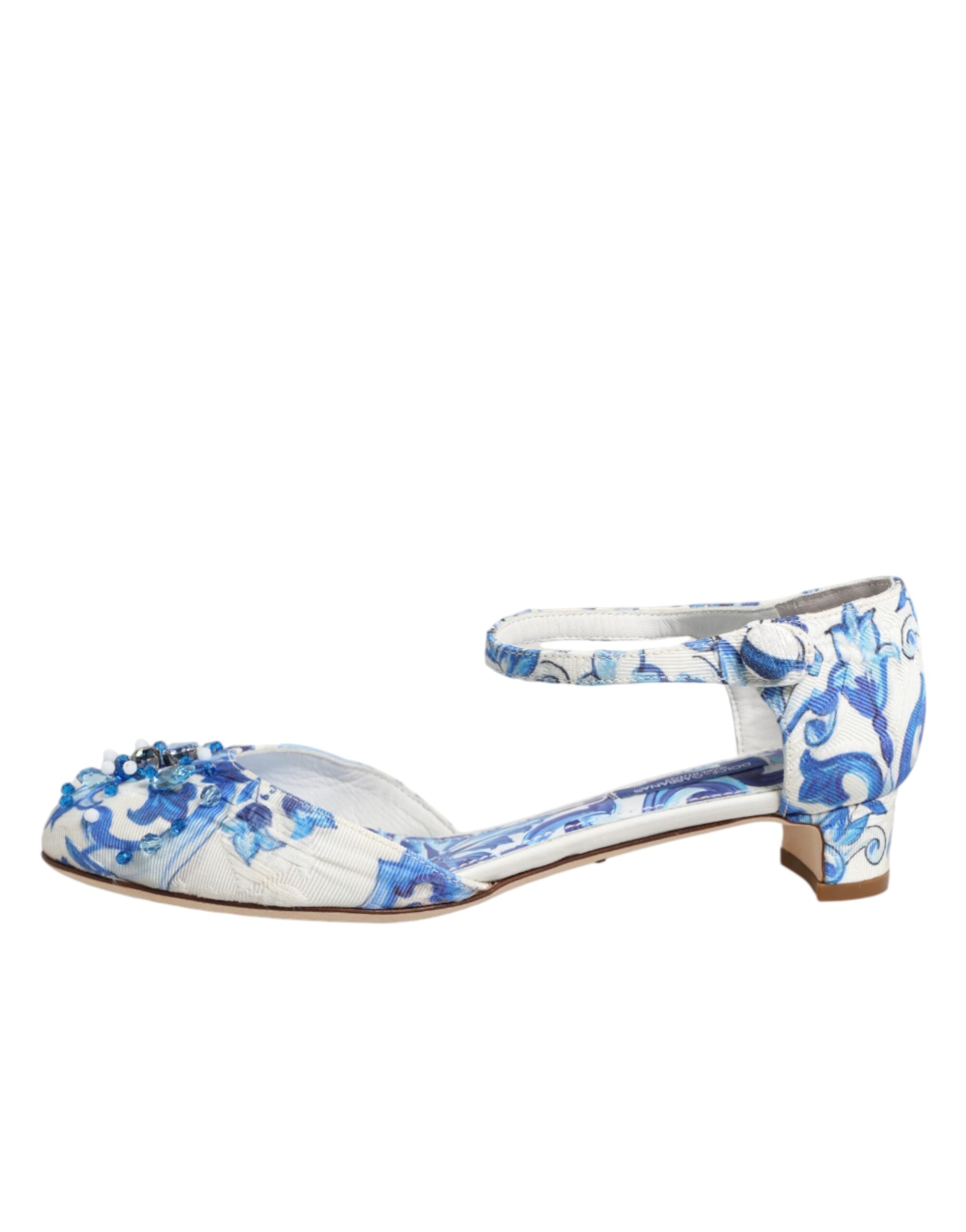 Dolce & Gabbana Weiße und blaue Sandalen mit Blumenmuster und Kristallen