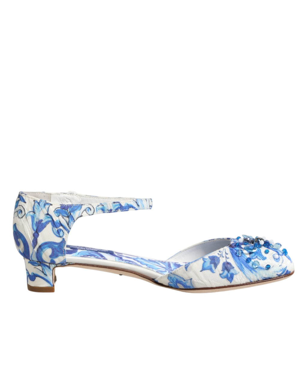 Dolce & Gabbana Weiße und blaue Sandalen mit Blumenmuster und Kristallen