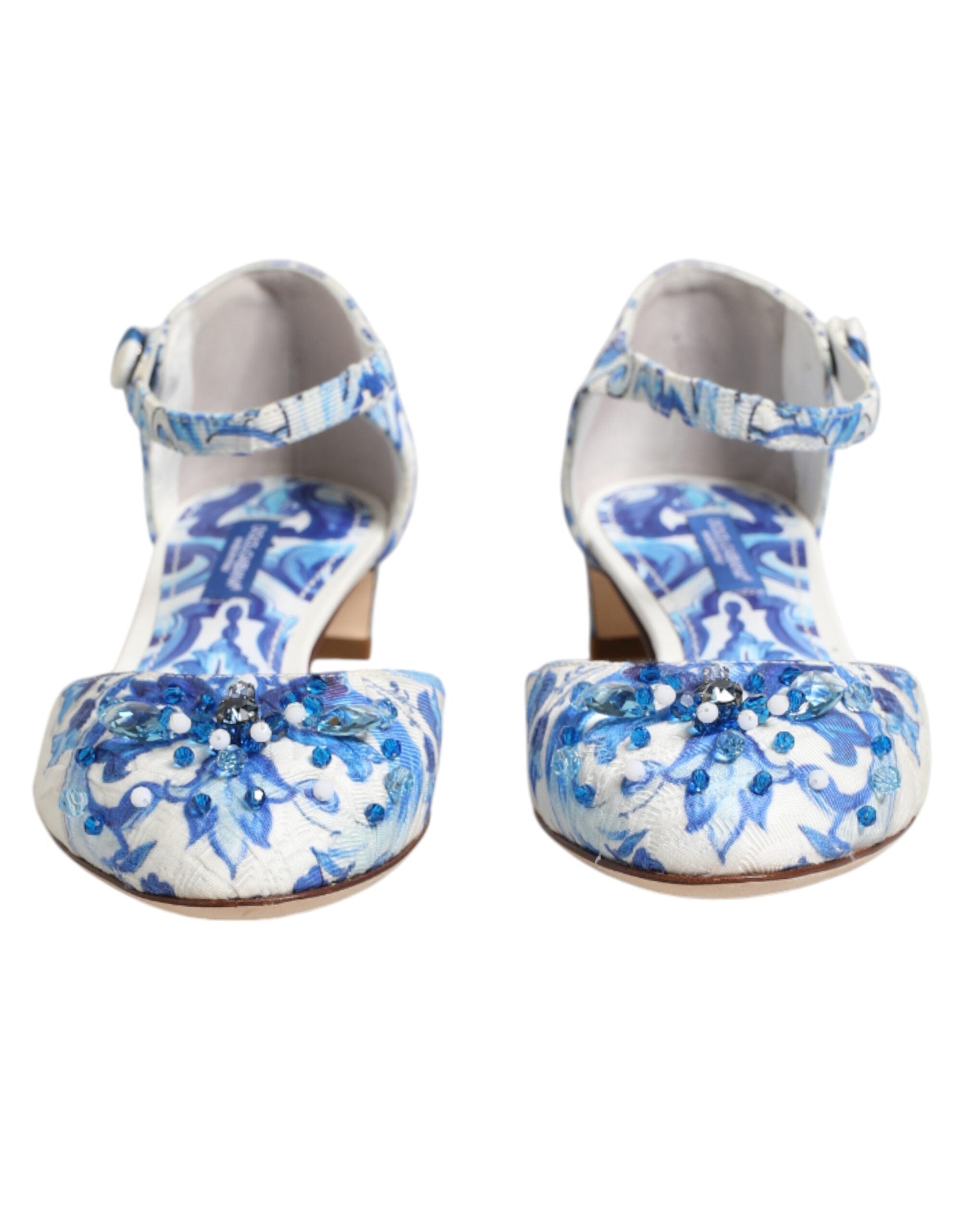 Dolce & Gabbana Weiße und blaue Sandalen mit Blumenmuster und Kristallen