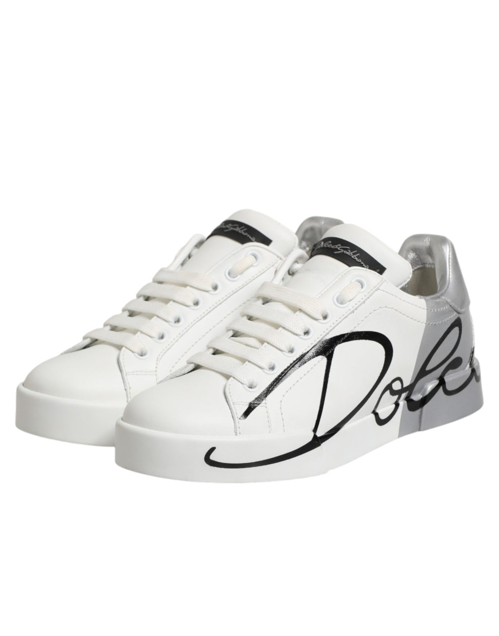 Dolce & Gabbana White and Grey Leather Low-Top Sneakers
