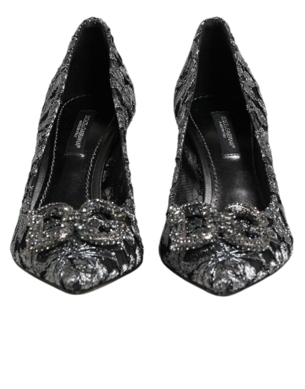 Dolce & Gabbana Silberne Spitzen-Pumps mit DG Amore Absatz
