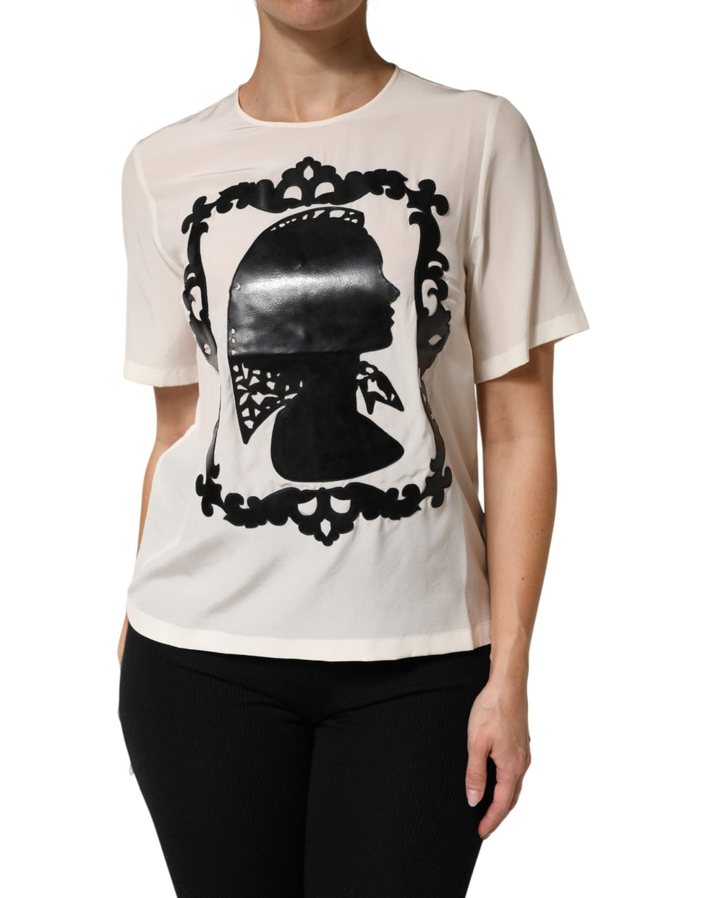 Dolce & Gabbana Silk Top with Silhouette Detail and Short Sleeves