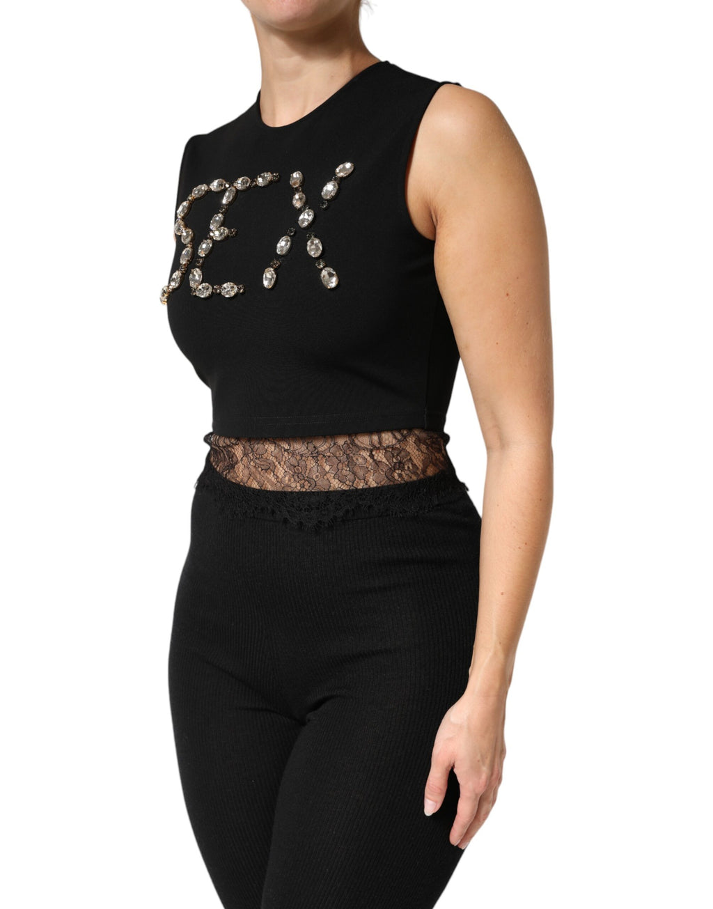 Dolce & Gabbana Schwarzes Jersey-Top mit Spitzenrüschen und Strass